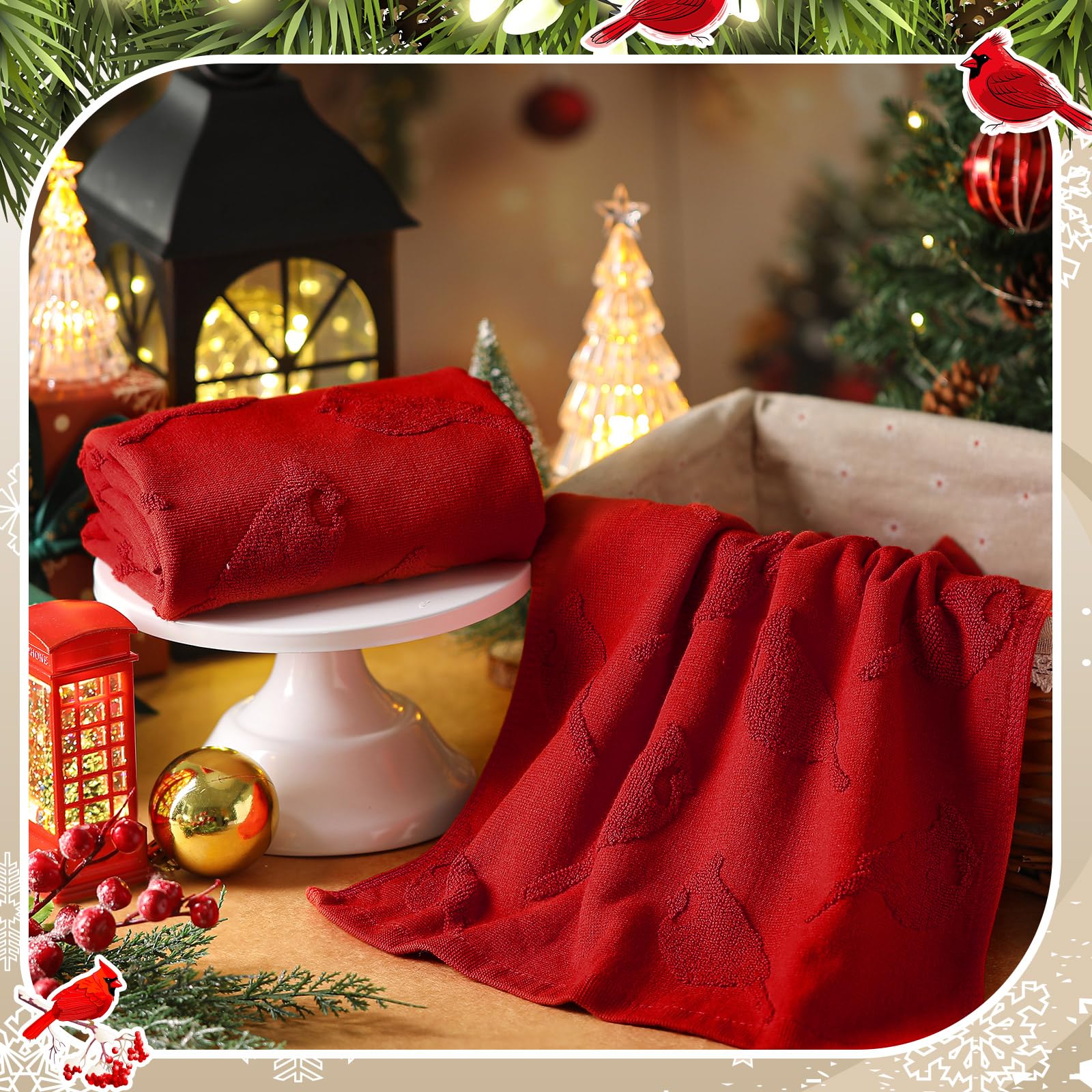 Breling 2 Pcs Christmas Hand Towels Red Cardinal Bathroom Decorative Towels 100% Cotton Absorbent Jacquard Weave Bath Decor Wint