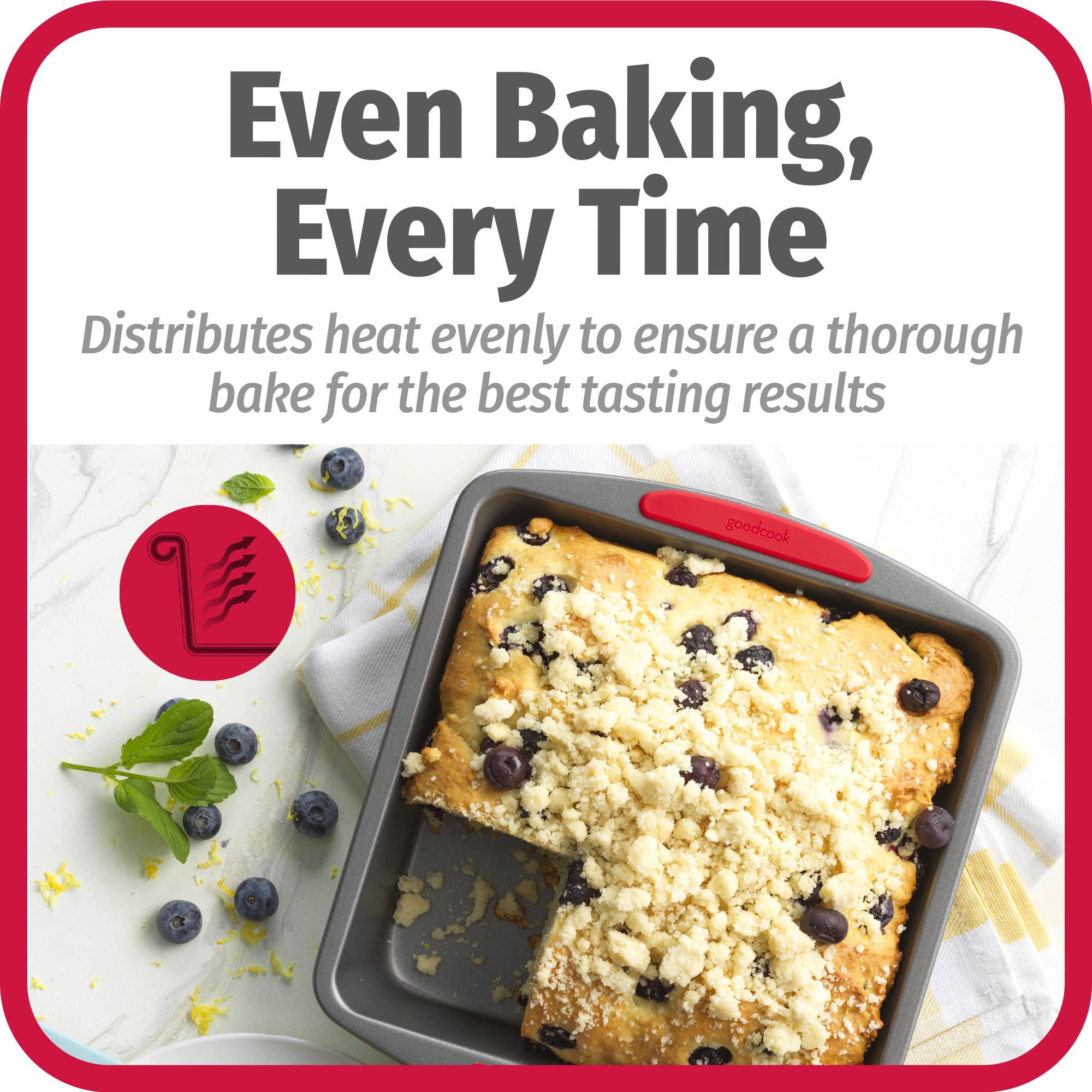 GoodCook Non-Stick Square Baking Pan, 8x8-Inch, Heavy-Gauge Carbon Steel, Gray, Model 04276 with Silicone Grip Handles