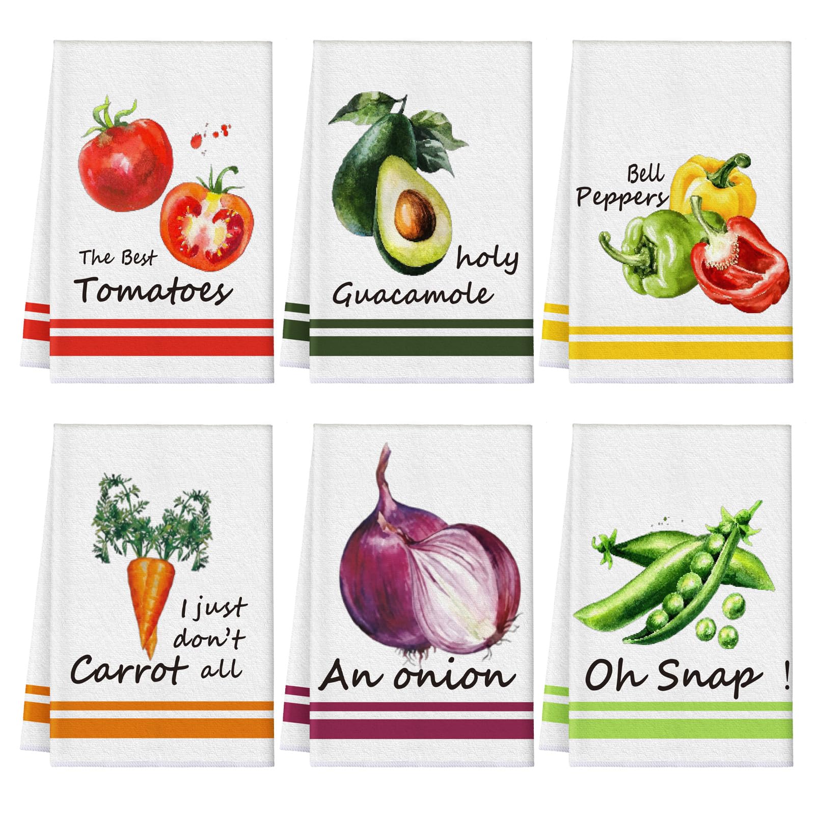 Bencailor 6 Pcs Funny Vegetable Kitchen Towels 24 x 16 Inch Tomato Avocado Carrot Bell Pepper Onion Pea Tea Dish Towels Summer D