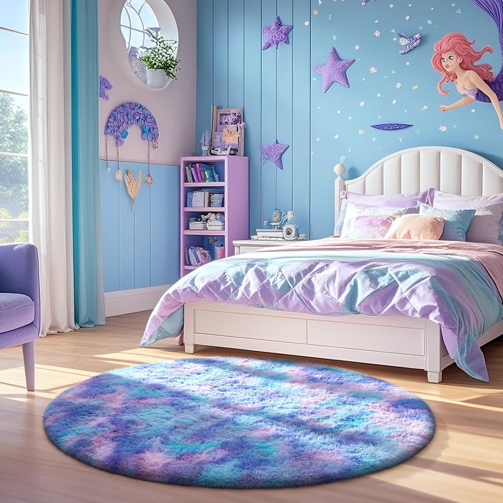 Ophanie Round Rug 4Ft Tie-Dye Rainbow Purple Circle Area Rug, Fluffy Fuzzy Bedroom Carpet, Plush Soft Shaggy Indoor Floor Colorf