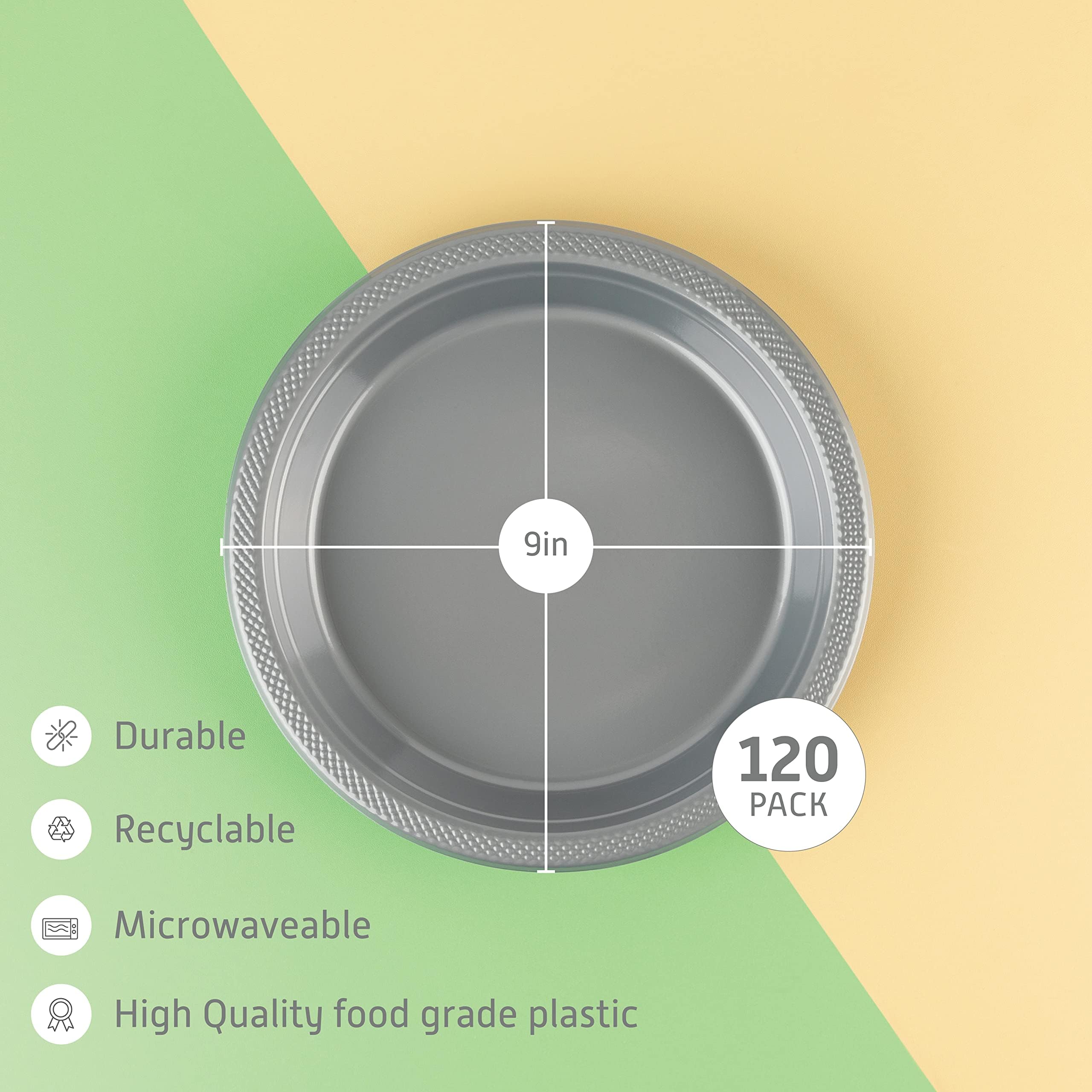 Framo Disposable Plastic Plates  Pack of 120-9-Inch Round Plastic Plates (SILVER  9-INCH 120 PACK)