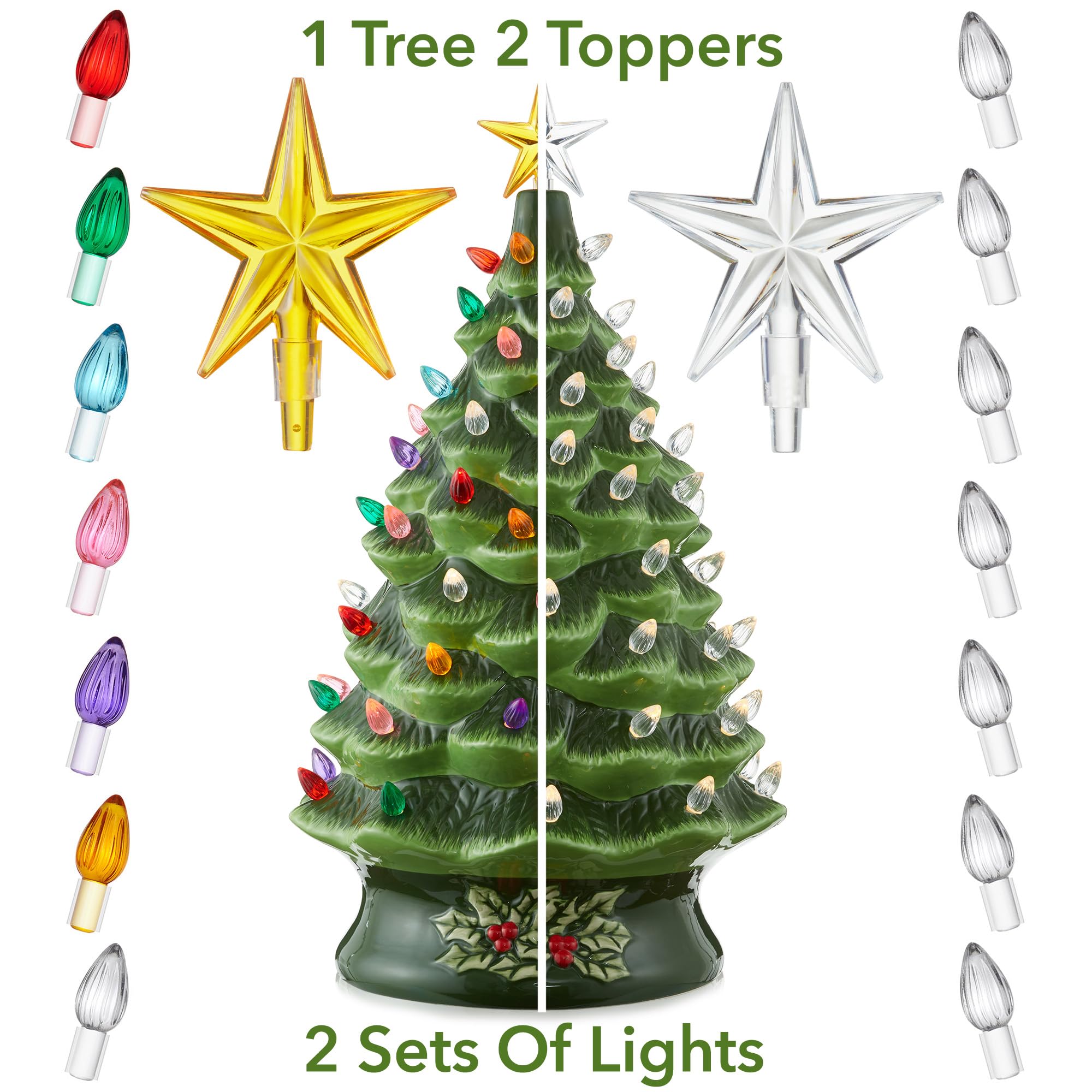 Casafield Hand Painted Ceramic Christmas Tree, Green 24-Inch Pre-Lit Tree with 148 Multi Color Lights and 2 Star Toppers