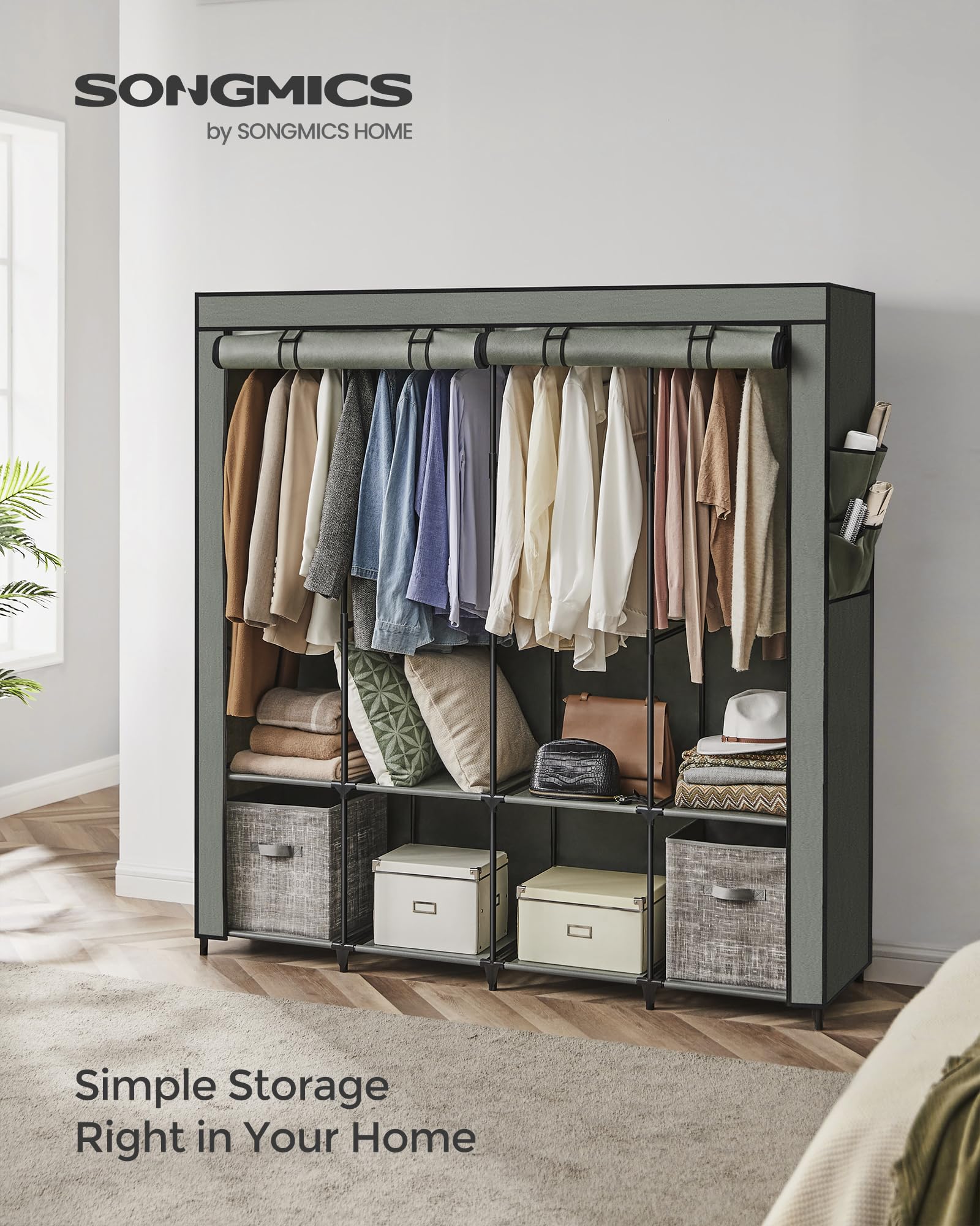 Songmics Portable Closet, Wardrobe Closet Organizer With Cover, 4 Hanging Rods And Shelves, 4 Side Pockets, 66.9 X 17.7 X 65.7 I