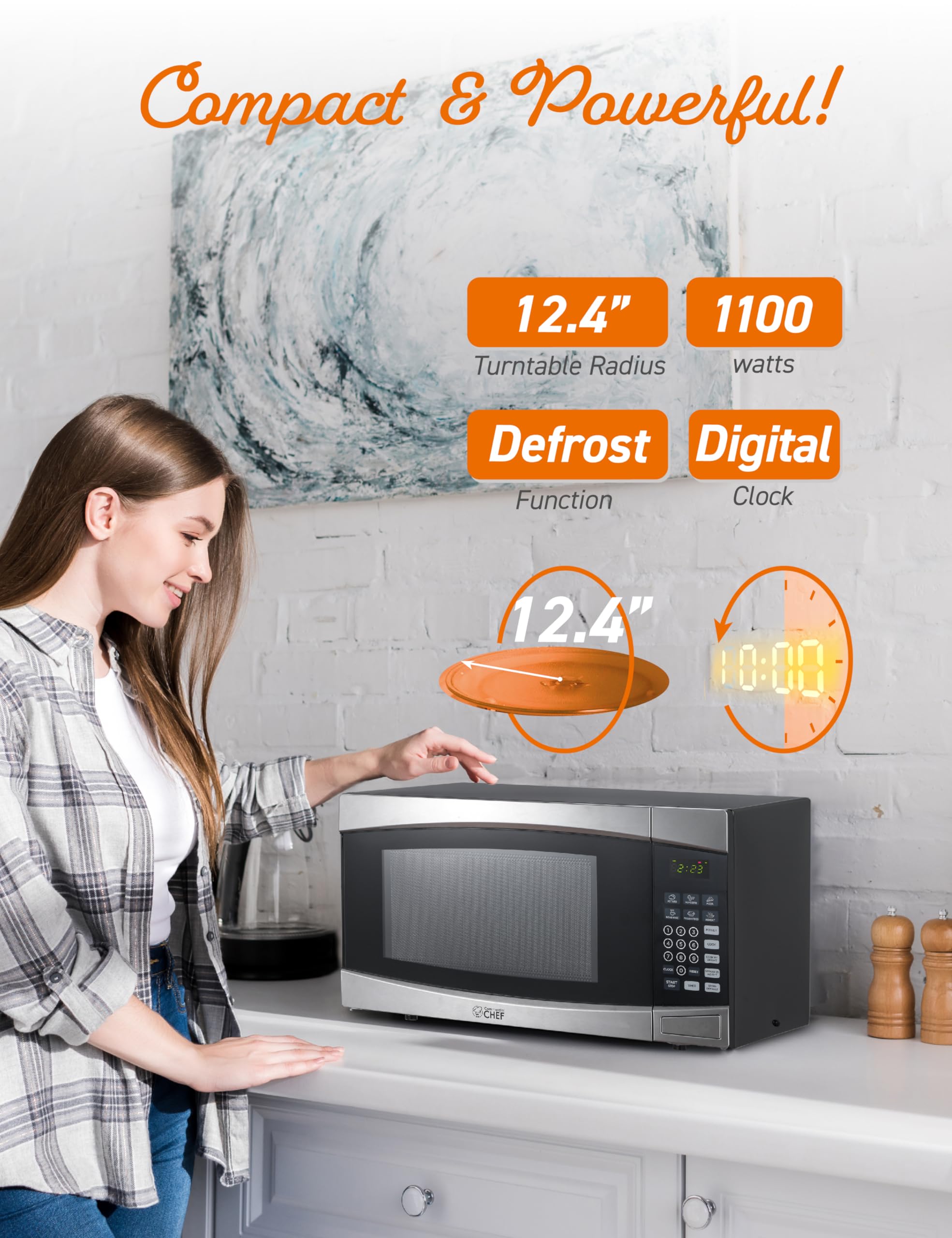 Commercial Chef 1.4 Cubic Foot Microwave With 10 Power Levels, Small Microwave With Push Button, 1100 Watt Microwave With Digita