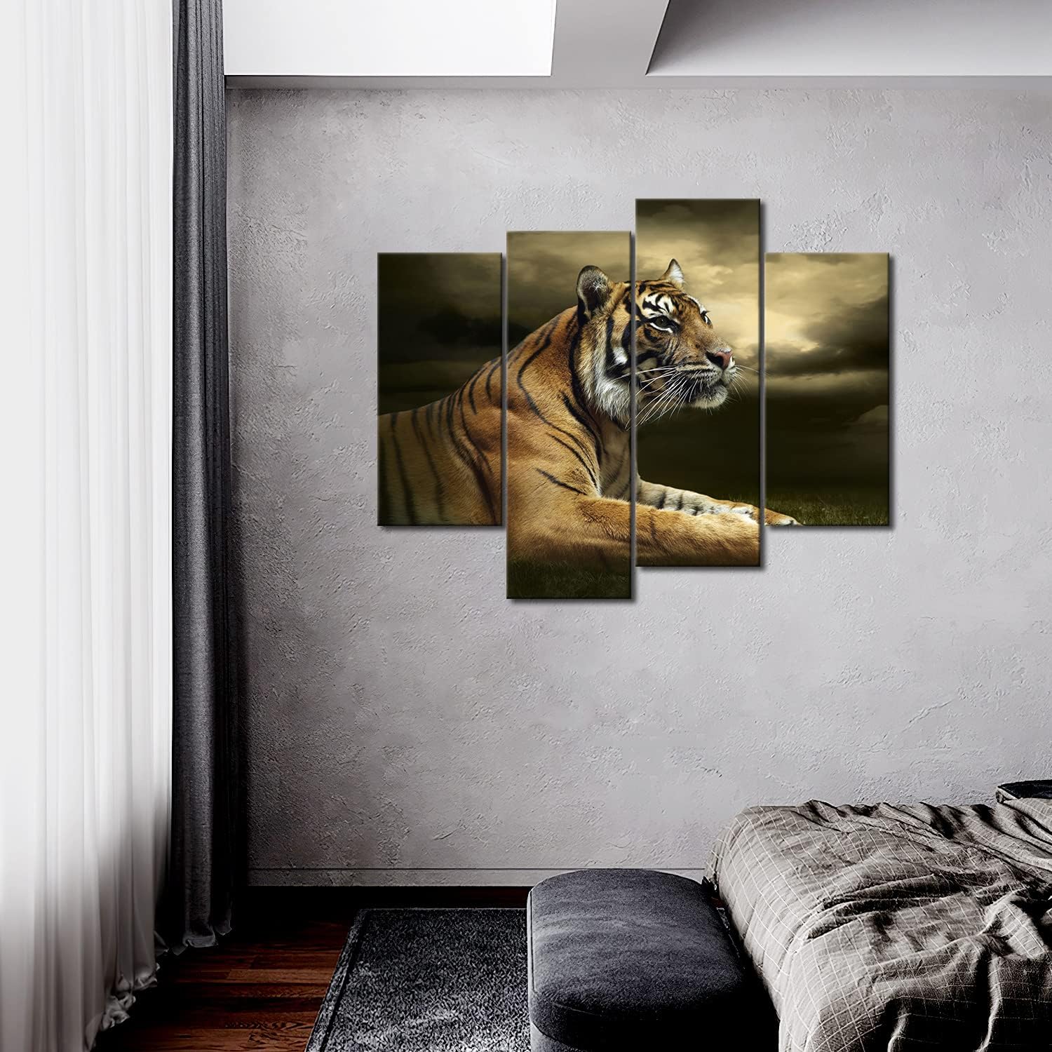 4 Panel Wall Art Tiger Looking and Sitting Under Dramatic Sky with Clouds Painting Pictures Print On Canvas Animal The Picture for Home Modern Decoration Piece Stretched by Wooden Frame Ready to Hang