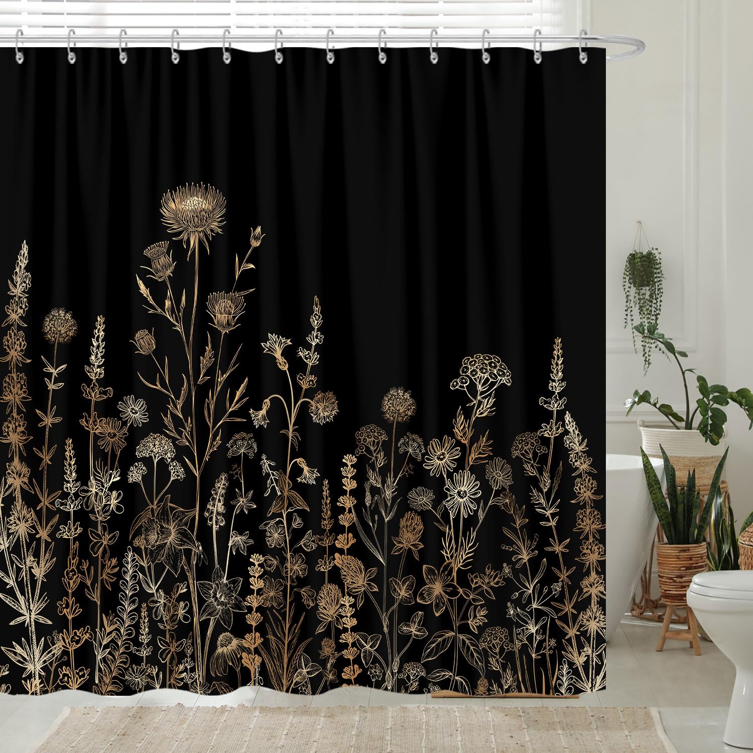 Vintage Black And Gold Boho Shower Curtain, Black And Tan Cream Floral Aesthetic Dark Wildflower Botanical Flowers Shower Curtai