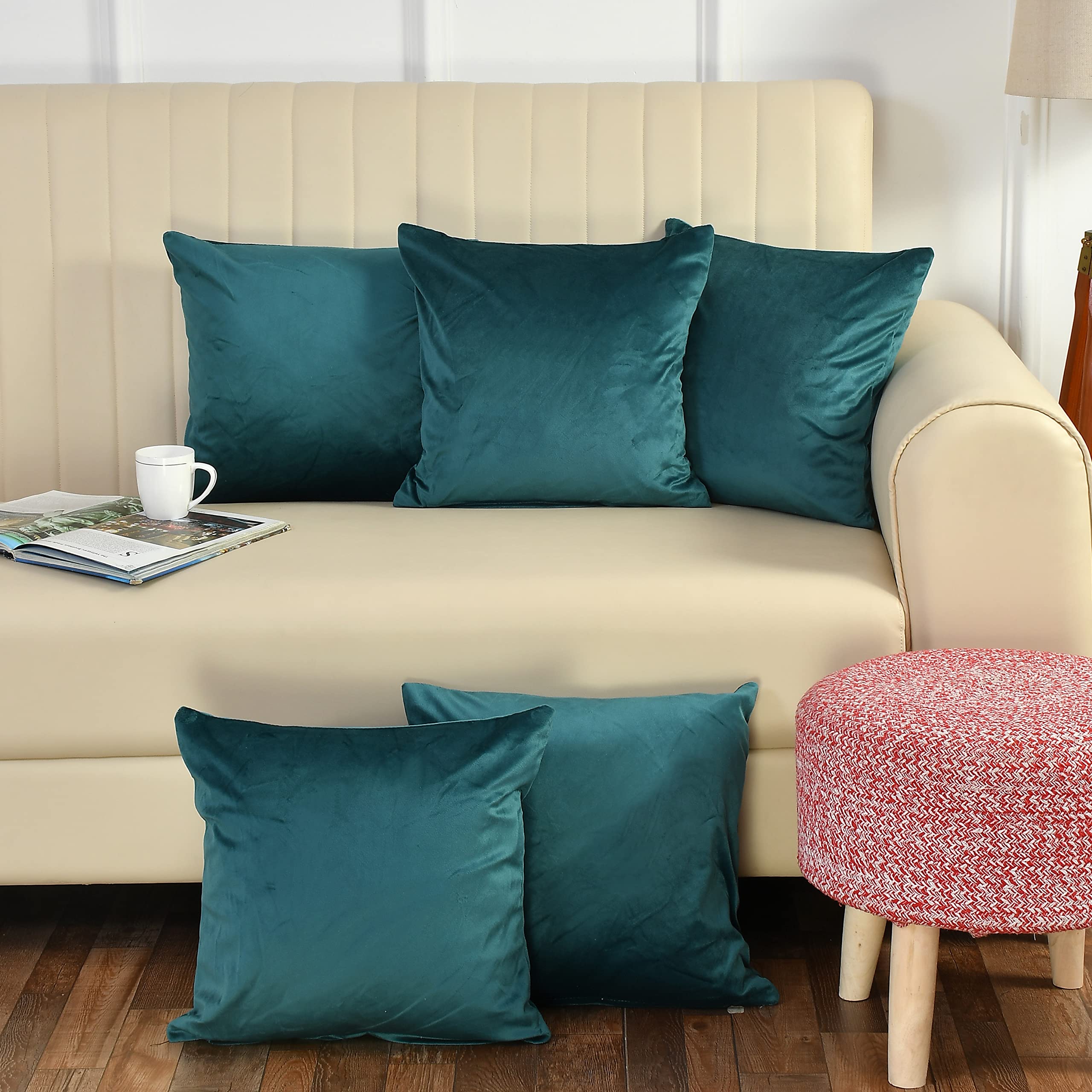 Stuffique Velvet Throw Pillow Cover 190 Tc Solid Plain Cushion Covers Set Of 5 For Sofa Couch Bed Chair 12 X 12 Inch, Turquoise
