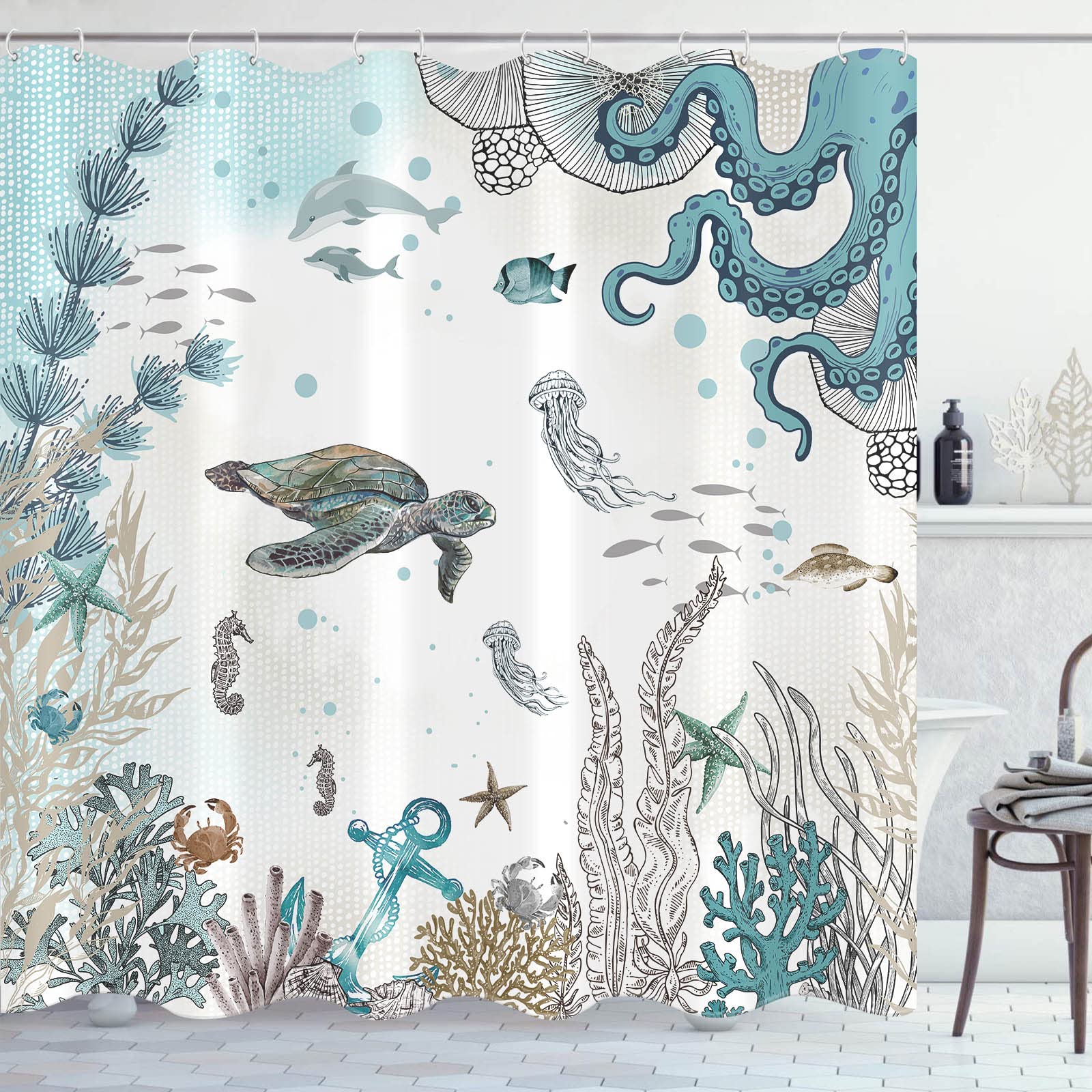 Zussun Long Sea Turtle Octopus Shower Curtain Blue Teal Waterproof Fabric Bathroom Shower Curtains Fish Ocean Animal Seashell Je