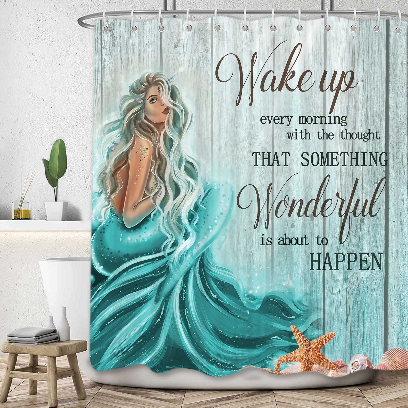Teal Mermaid Shower Curtain, Mermaid Tail Quote Inspirational Fabric Shower Curtains Set For Little Girls Women Bathroom, Nautic