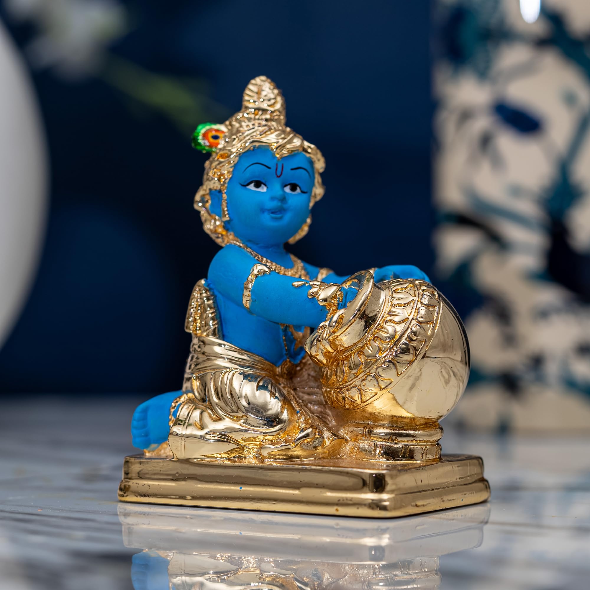 Baby Lord Krishna Idol | Laddu Gopal Krishna Sculpture (Gold Coated Blue Baby Krishna, 6.5 Inch)