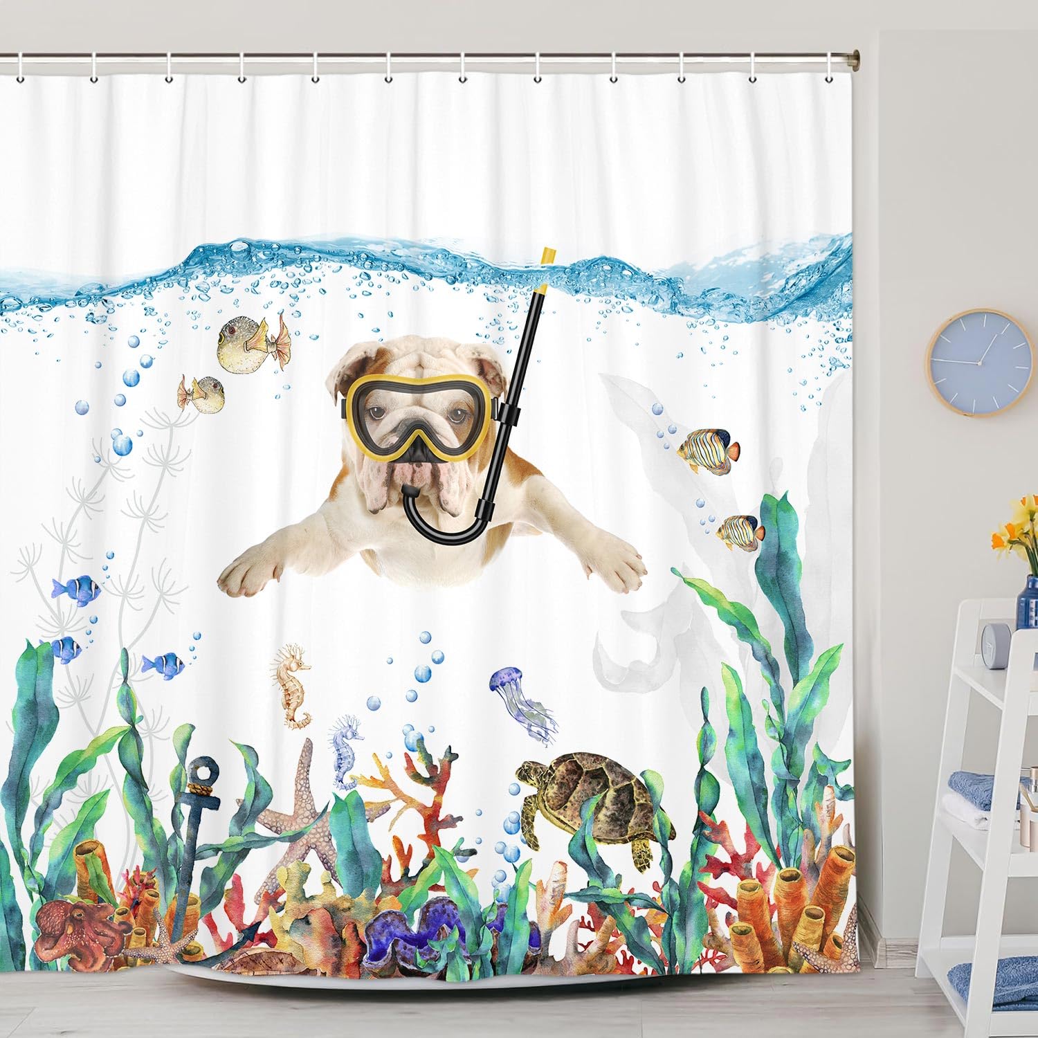 Funny Bulldog Dog Fabric Shower Curtain, Tropical Fish Coral Octopus Starfish Turtle Anchor Nautical Shower Curtain For Bathroom