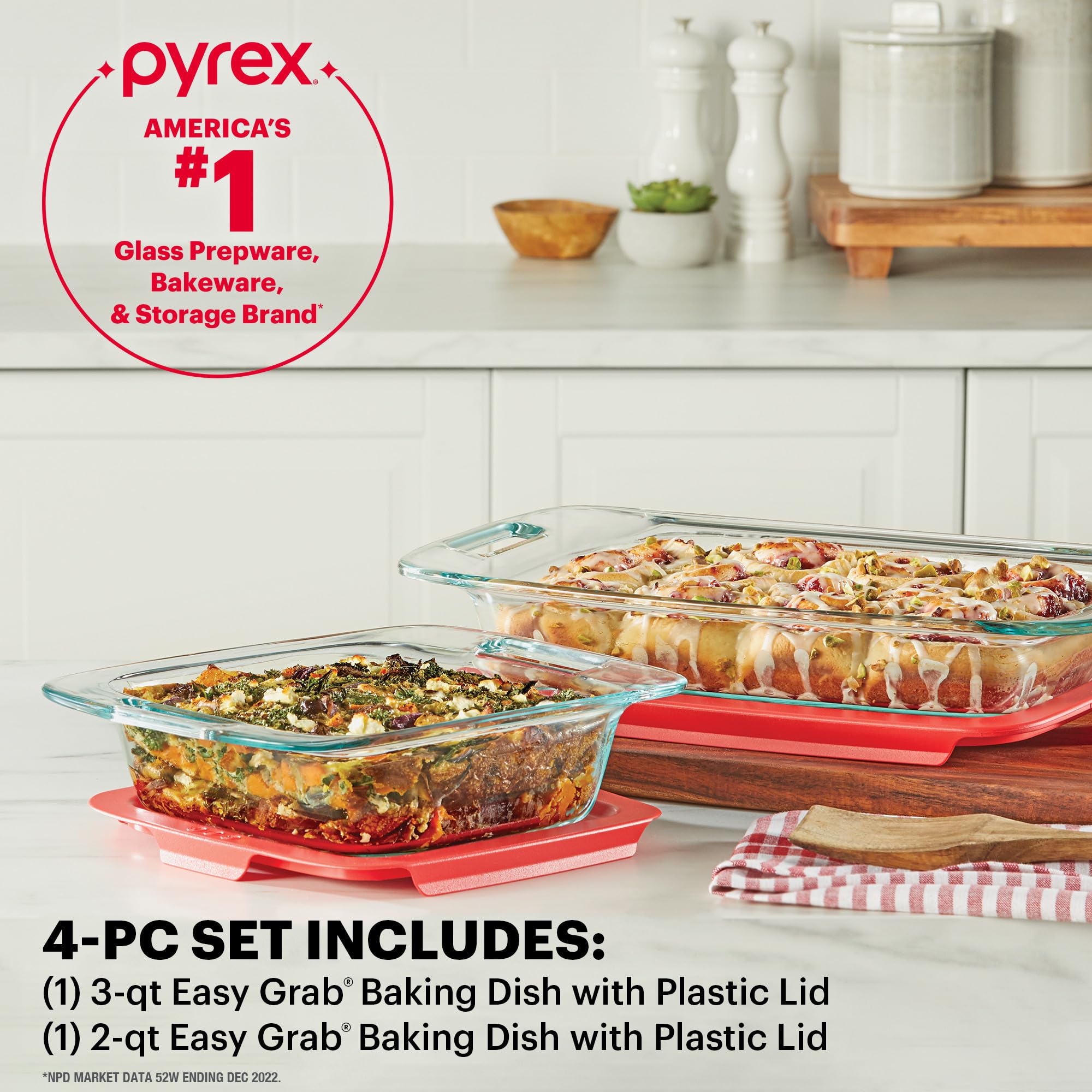Pyrex 4-Piece Extra Large Glass Baking Dish Set With Lids And Handles, Oven And Freezer Safe