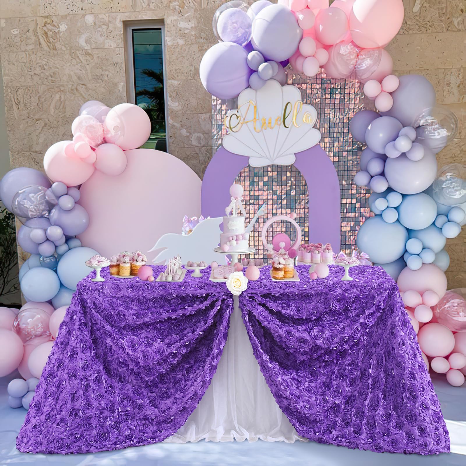 Fanqisi Purple Tablecloth 90X156 Inches Rosette Satin Tablecloth Birthday Party Table Cover Bridal Shower Table Decor Halloween