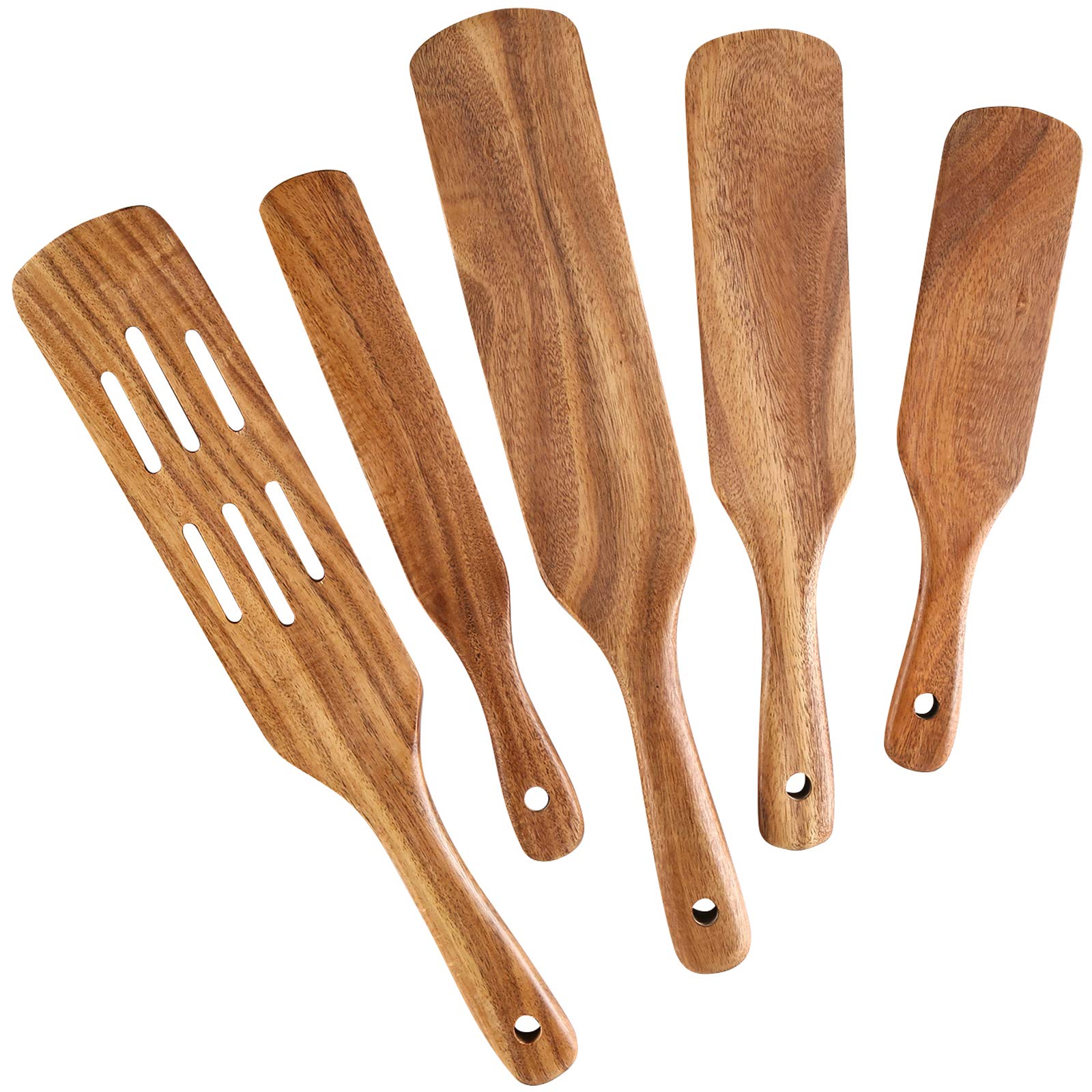 5 Pcs Wooden Spurtles Set For Cooking, Nayahose Natural Teak Wood Slotted Spurtles For Stirring, Mixing, Serving, Non-Stick Heat