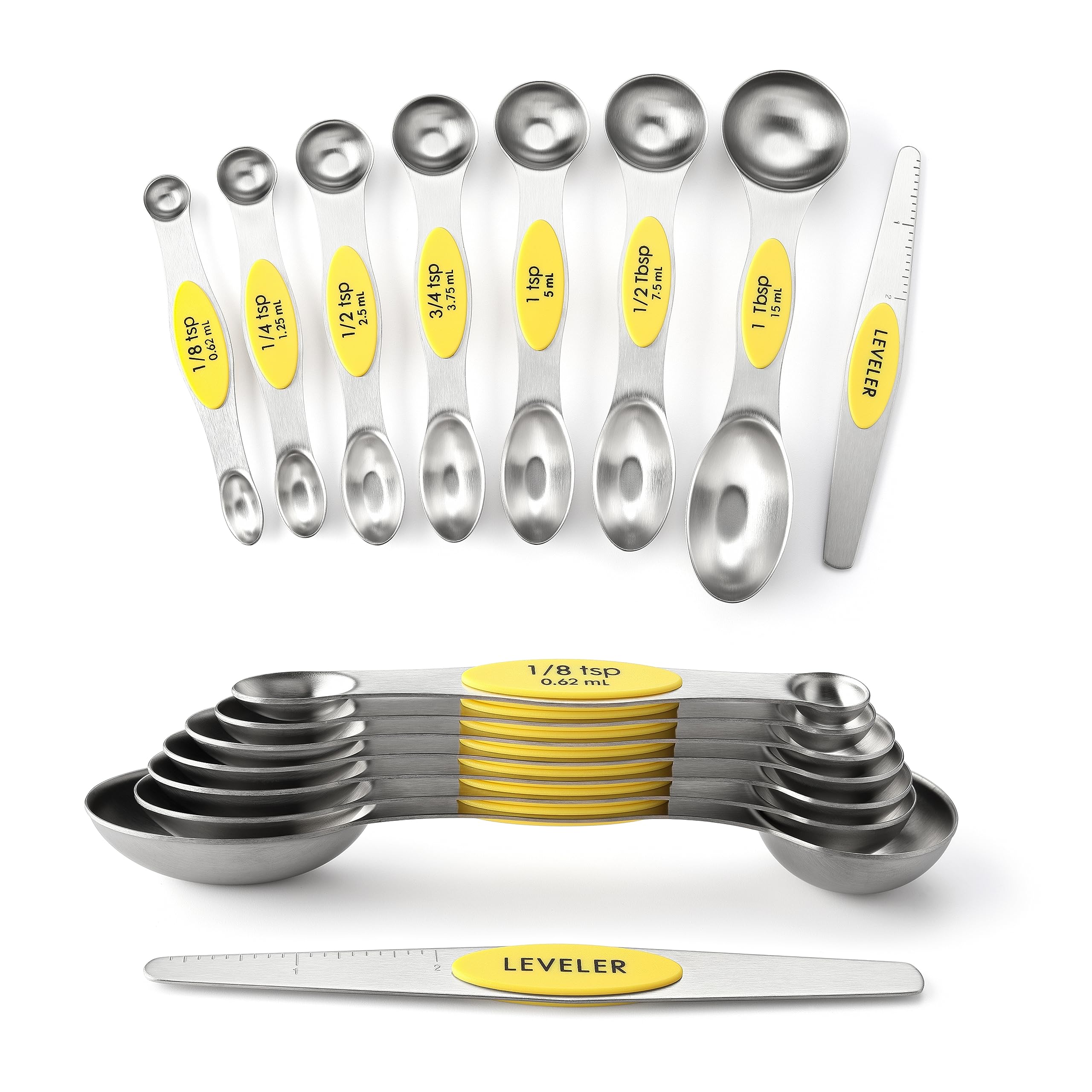 Spring Chef Magnetic Measuring Spoons Set, Dual Sided, Stainless Steel, Fits In Spice Jars, Yellow, Set Of 8, 2 Pack