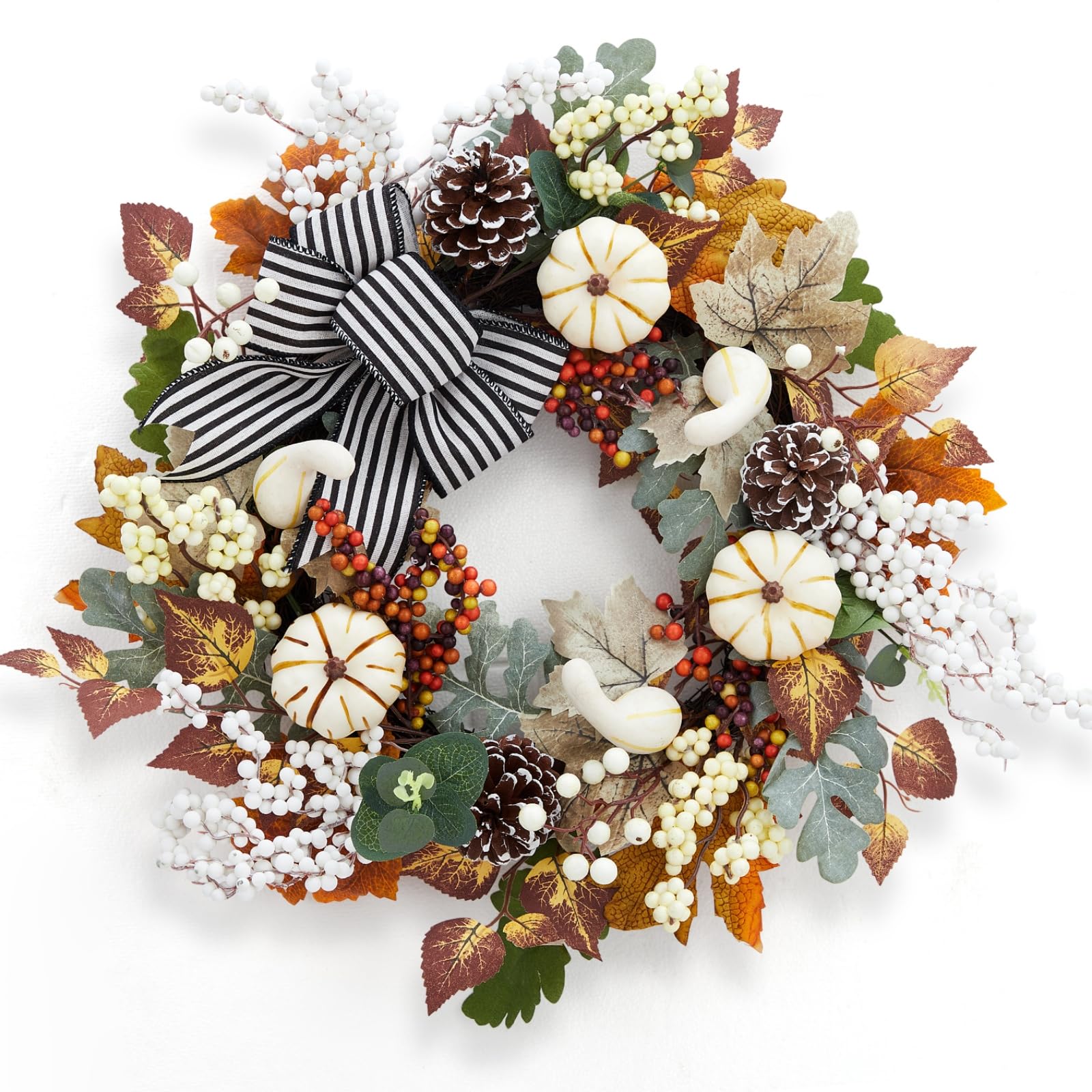 GarveeHome 20 in Fall Wreaths for Front Door, Fall Decorations for Home Pumpkin Wreath with Bow Leaves Pine Cones, Autumn Wreath