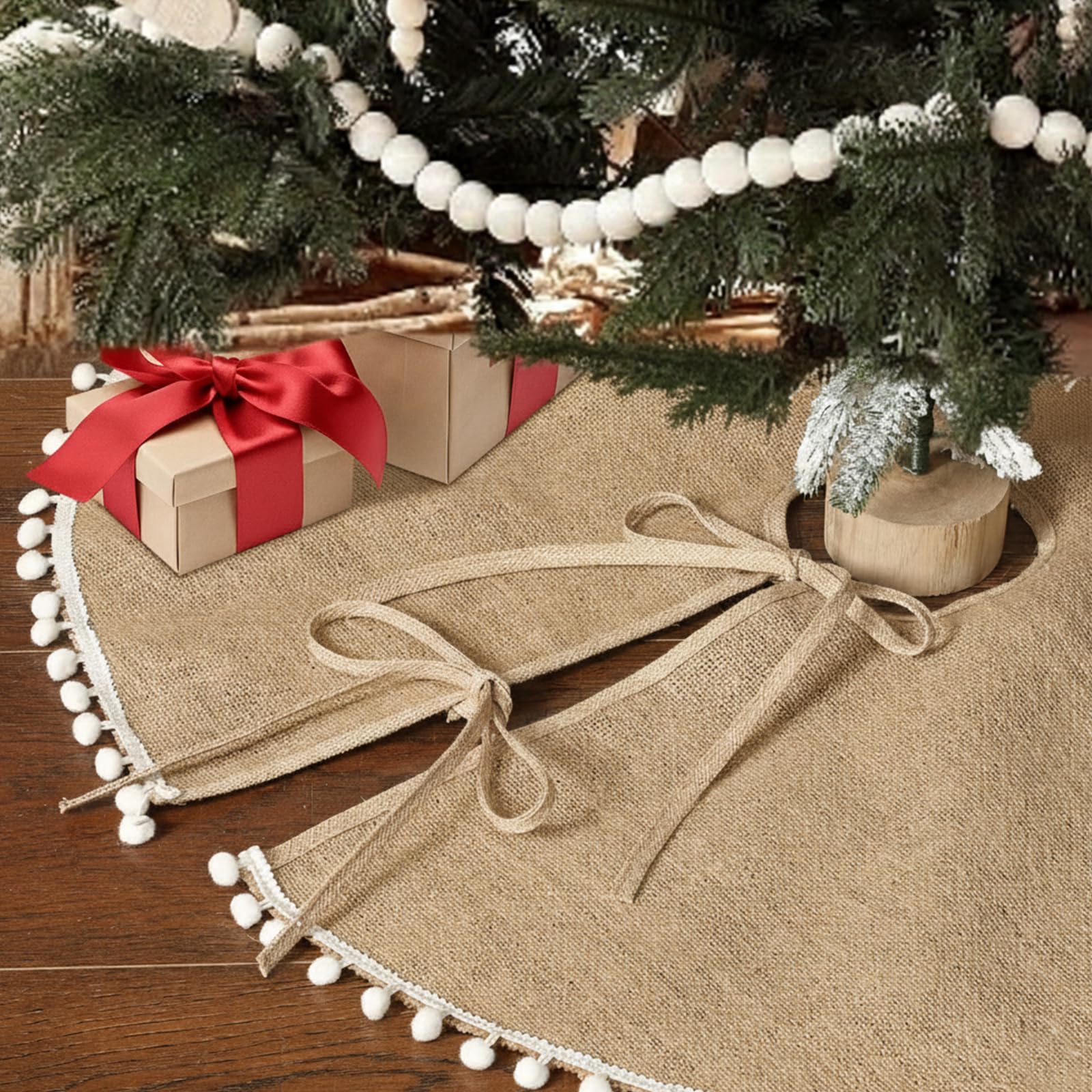Syhood 36 Inch Christmas Tree Skirt Khaki Christmas Linen Burlap Tree Skirt Base Cover with Pom Trim for Xmas Winter Home Decora