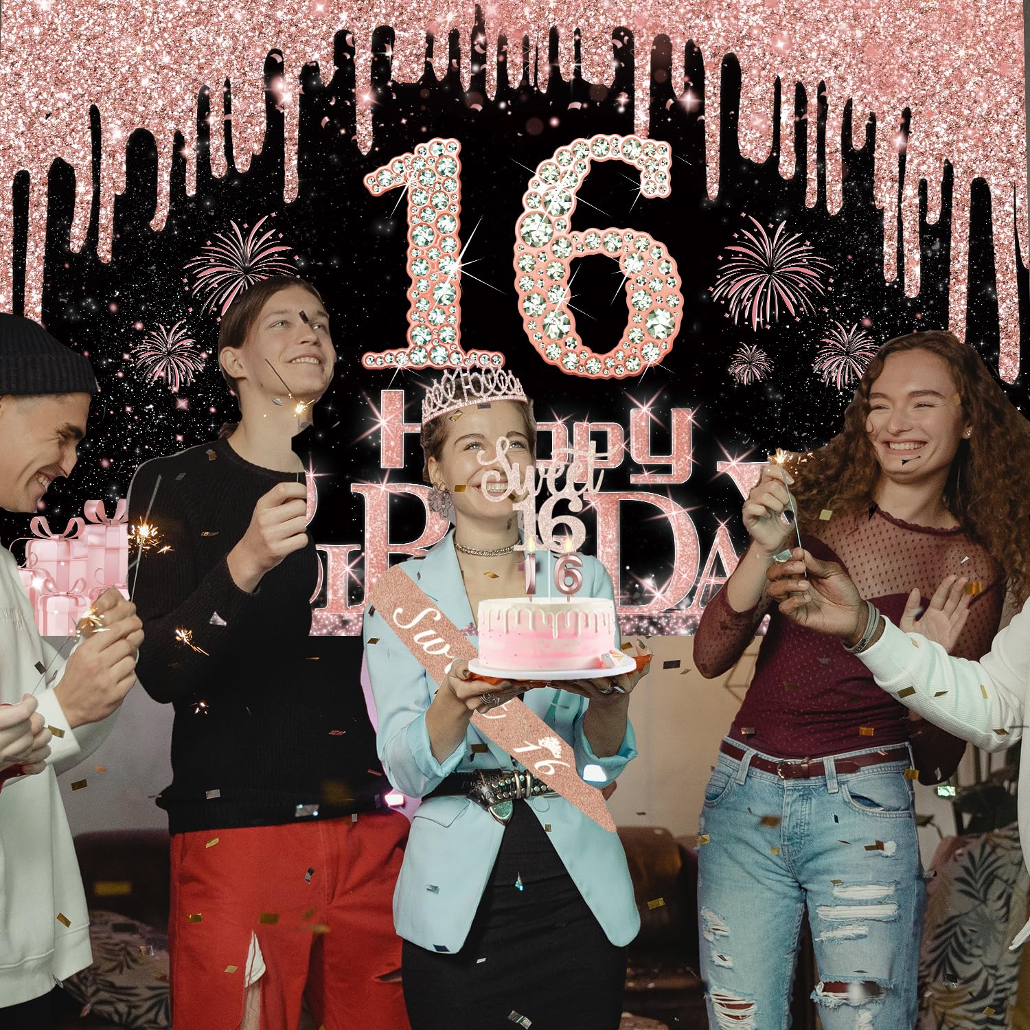 Sweet 16 Birthday Decorations For Girls, Including 16Th Birthday Banner, Rose Gold Tablecloth, Number Balloons, Sash And Tiara,