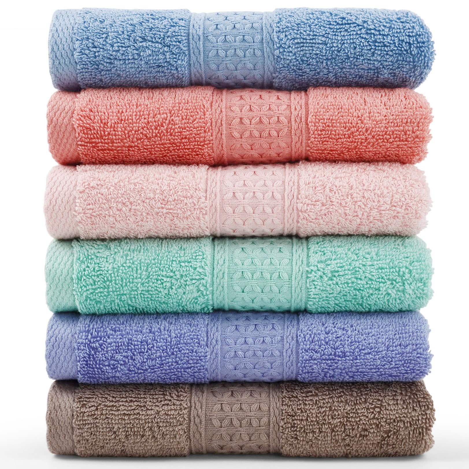 Cleanbear Face-Cloth Washcloths Set,100% Cotton, High Absorbent, 6-Pack 6 Colors, Size13 X13-Deep Color