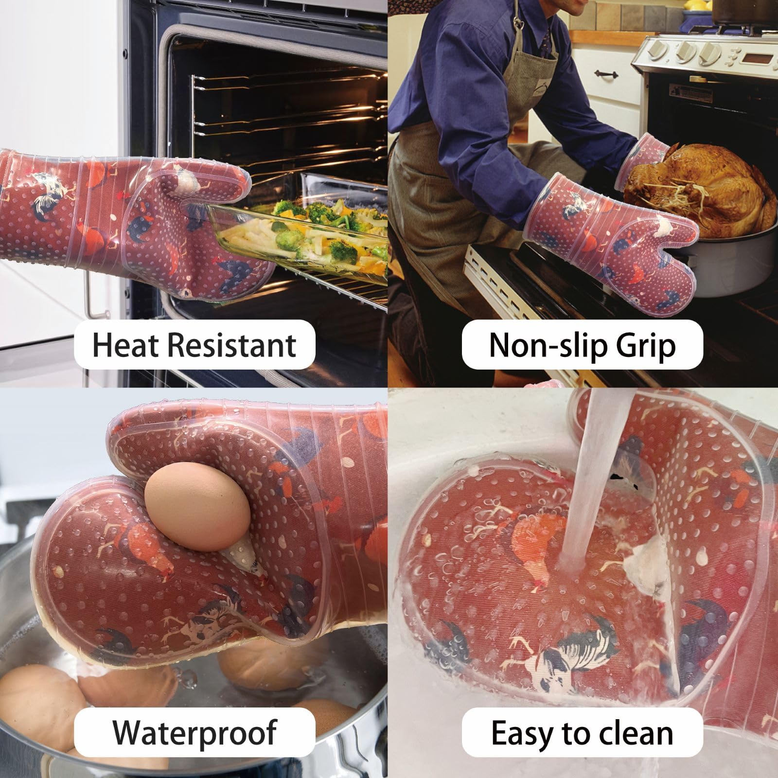 Red Lmldeta Oven Mitts Set Of 2 With Transparent Clear Silicone Shell And Nice Shell Flower Cotton Lining, Heat Resistant To 500