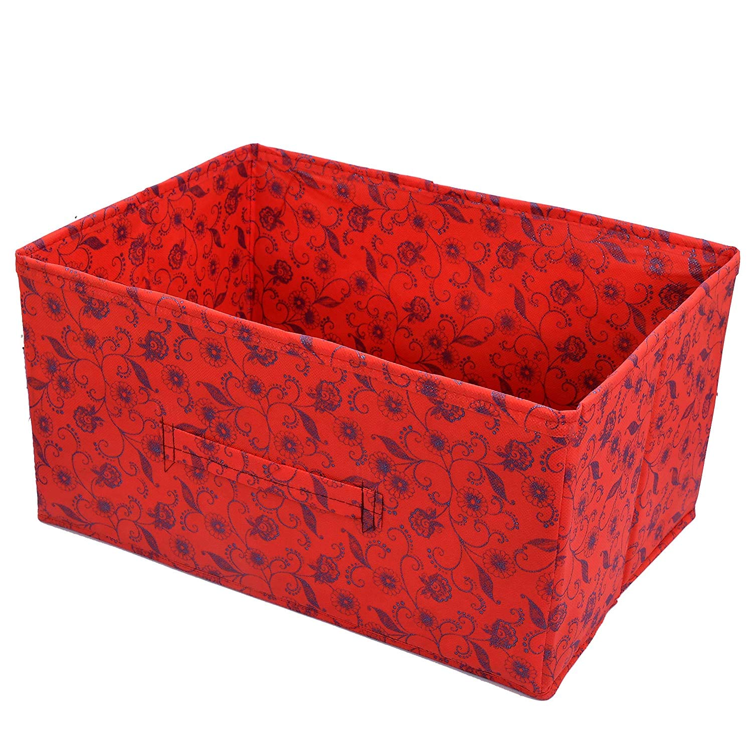 Heart Home Laheriya Metalic Print Non Woven Fabric Modular Closet Organizer Box With Handle Set Of 2(Blue & Red)Hheart15995