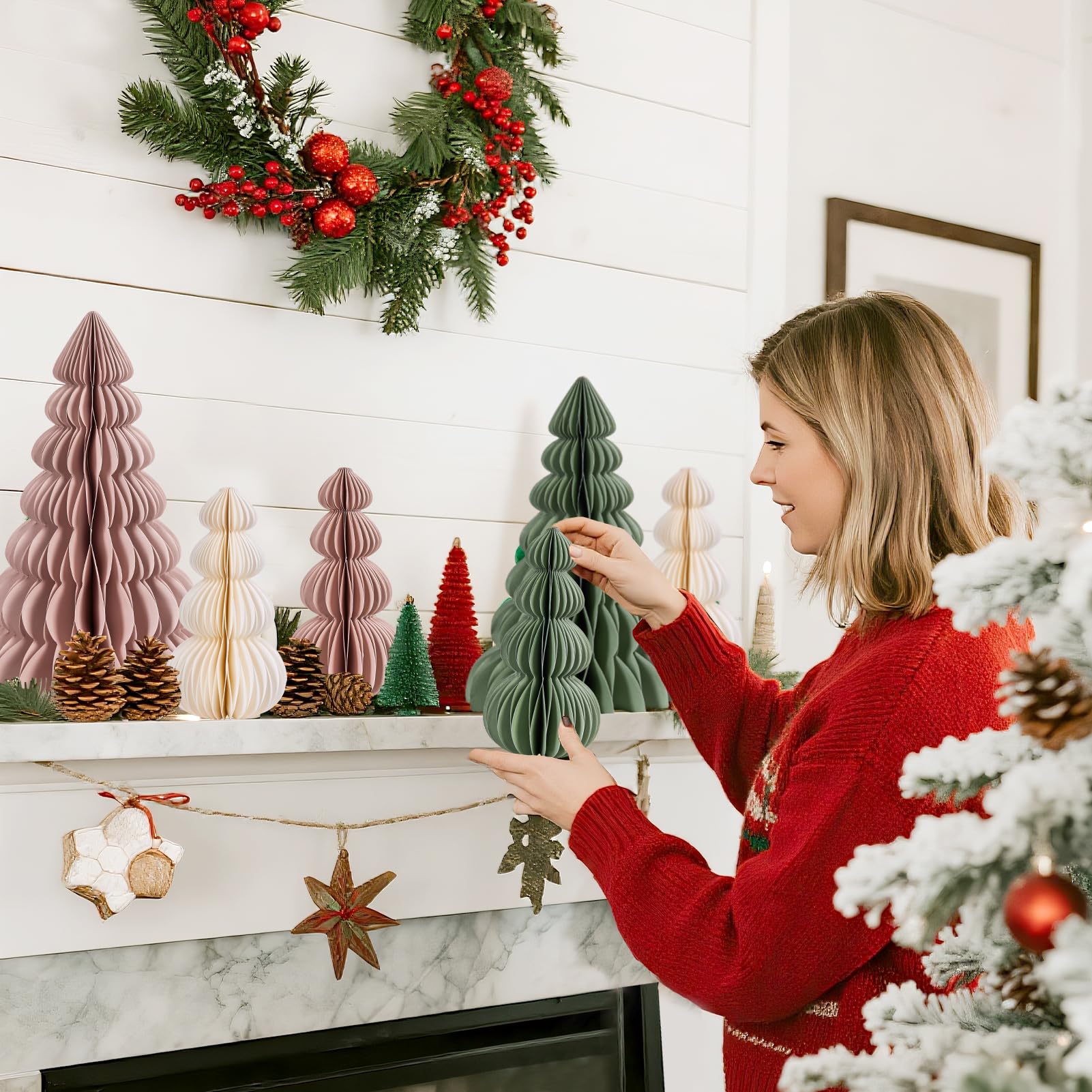 OBBOLO 6 Pcs Paper Christmas Tree, Beige, Sage Green and Dusty Pink Tabletop Christmas Decorations with Magnetic Closure, 12 & 6