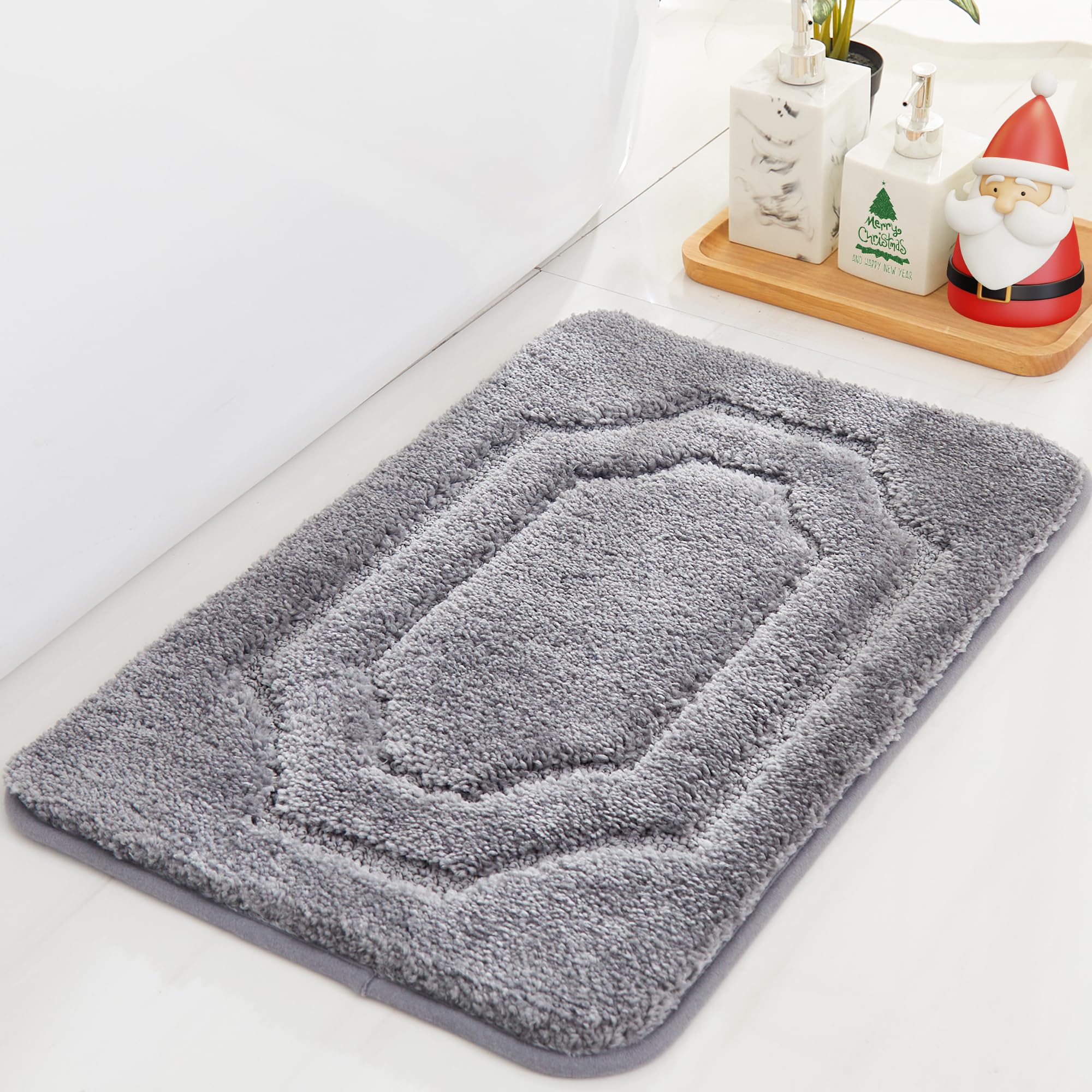 BEQHAUSE-Bathroom-Rugs-Soft& Absorbent-Non-Slip-Bath Mats for Bathroom Polyester Bath Mat Machine Washable Bathroom Carpet Grey Thick Shower Mat for Bathroom  Bathtub and Sink 16''x24''