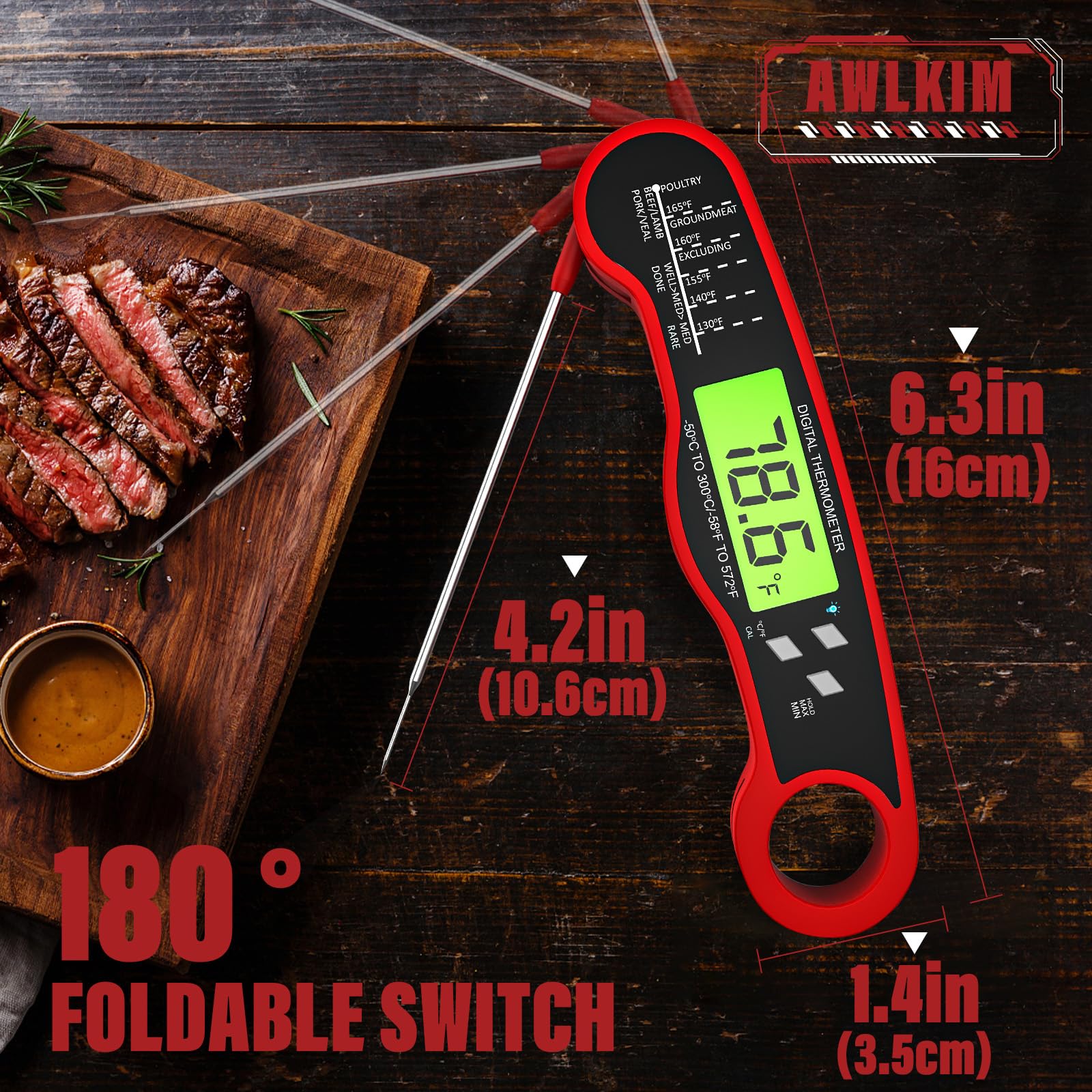 AWLKIM Digital Meat Thermometer - IP67 Waterproof, Fast Instant Read, 2-Pack, Red