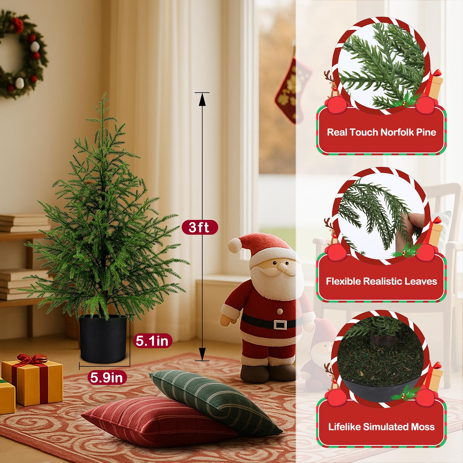ENVEN Norfolk Pine Christmas Tree Realistic Faux Greenery for Tabletop Mantel Entryway Holiday or Year Round Home Decor (3FT-1Pa