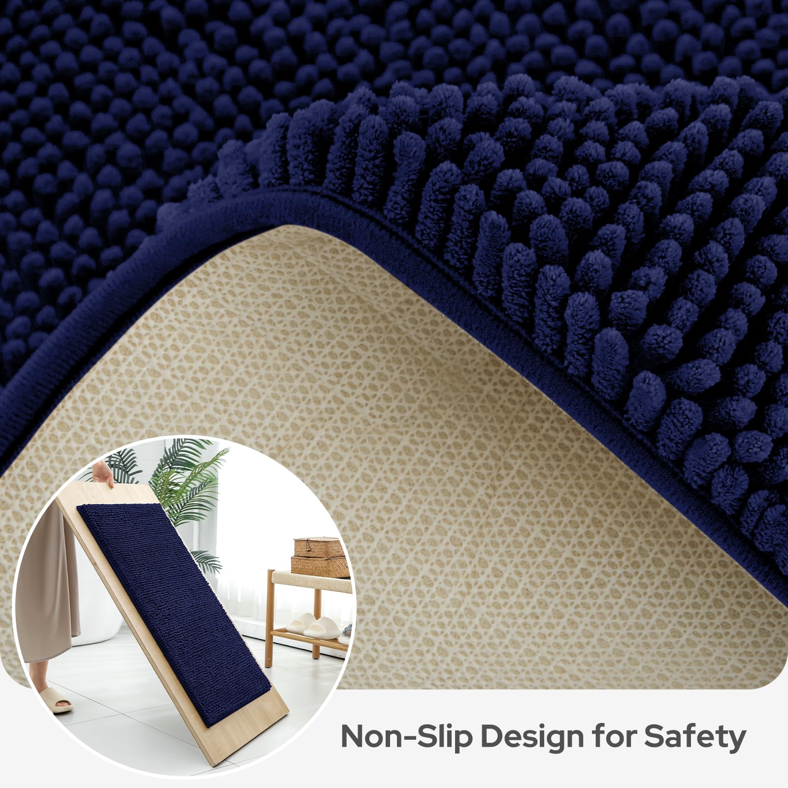 BYSURE Navy Blue Bathroom Rugs Sets 3 Piece Non Slip Extra Absorbent Plush Chenille Soft Washable Bath Rugs and Mats Set
