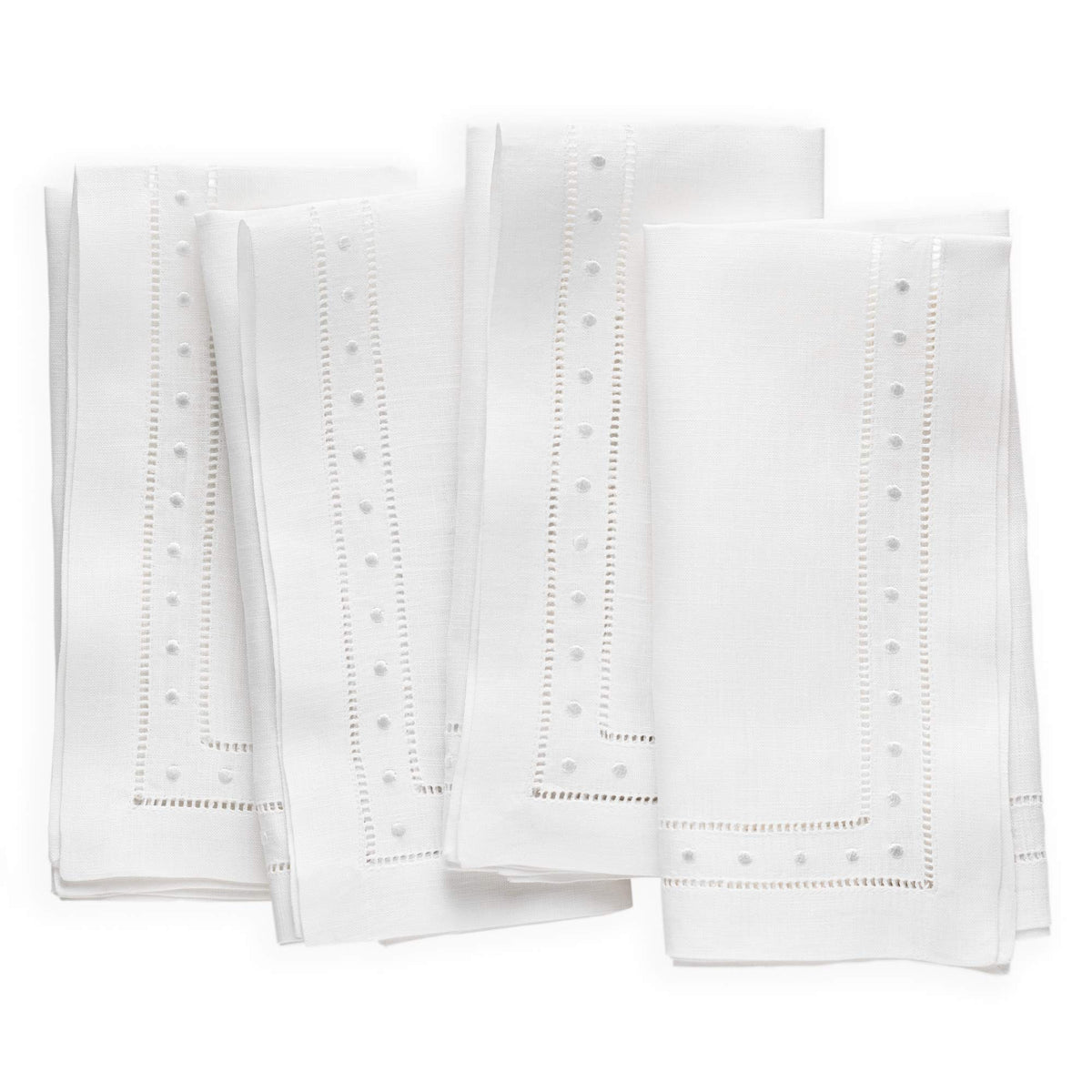 Linen Napkins Set Of 4-100% Flax Linen White Dinner Napkins With Embroidered Dot 18 X 18 Inch - Hemstitch Cloth Napkins Washable