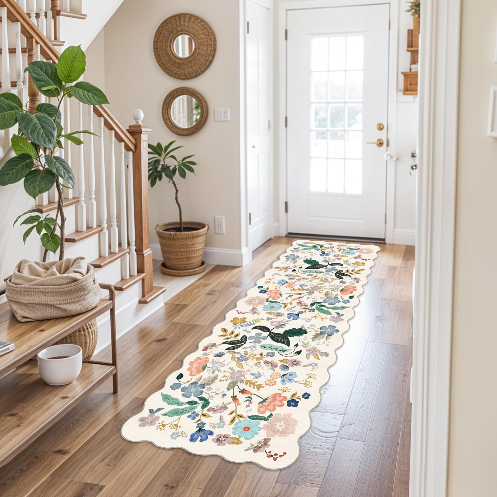 2x6 Washable Hallway Runner Rug: Floral Kitchen Rugs with Non-Slip Backing Vintage Low Pile Entryway Carpet for Living Room Bedr