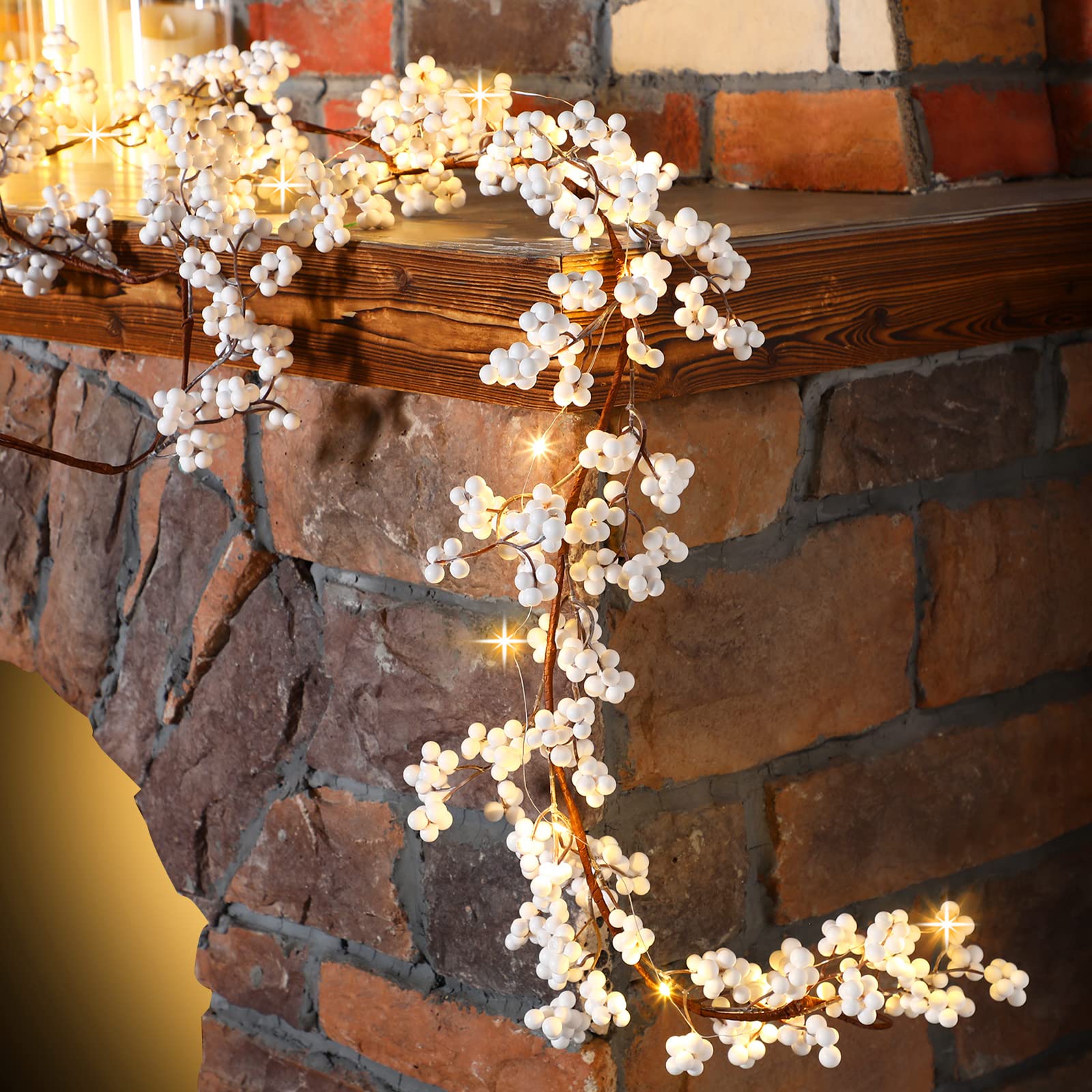 Syhood Christmas Berry String Garland with Lights Thanksgiving Artificial Lighted Garland for Home Xmas Winter Tree Decor Office