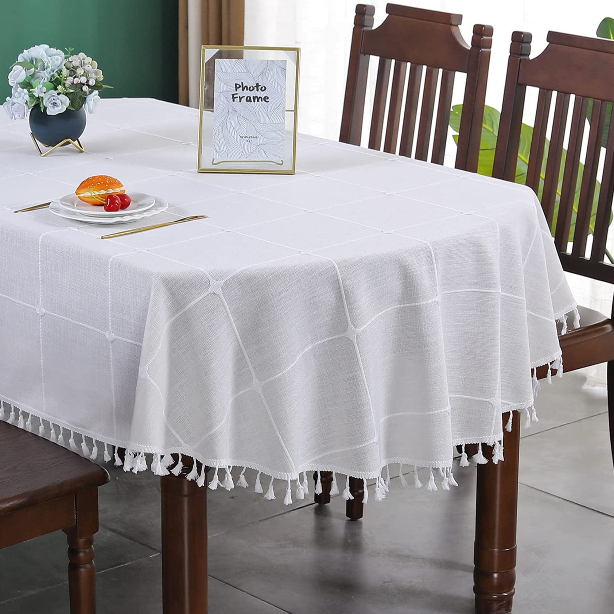 Farmhouse Checkered Embroidery Lattice Oval Tablecloth With Tassel Heavy Duty Rustic Fabric Table Cover Wrinkle Resistant Washab