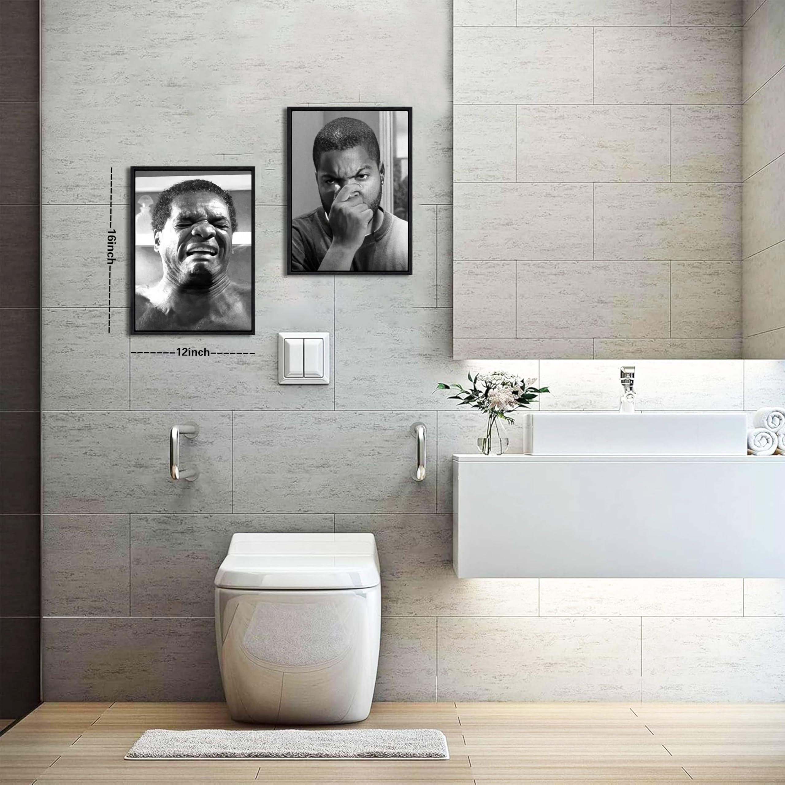 Funny Bathroom Canvas Wall Art Set Of 2 - Black Floating Frame Black And White Vintage Comedy Movies Posters, Funny Toilet Humou