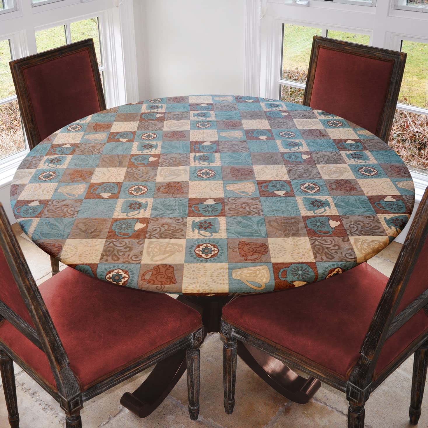 Covers For The Home Deluxe Elastic Edged Flannel Backed Vinyl Fitted Table Cover - Global Coffee Pattern - Small Round - Fits Ta