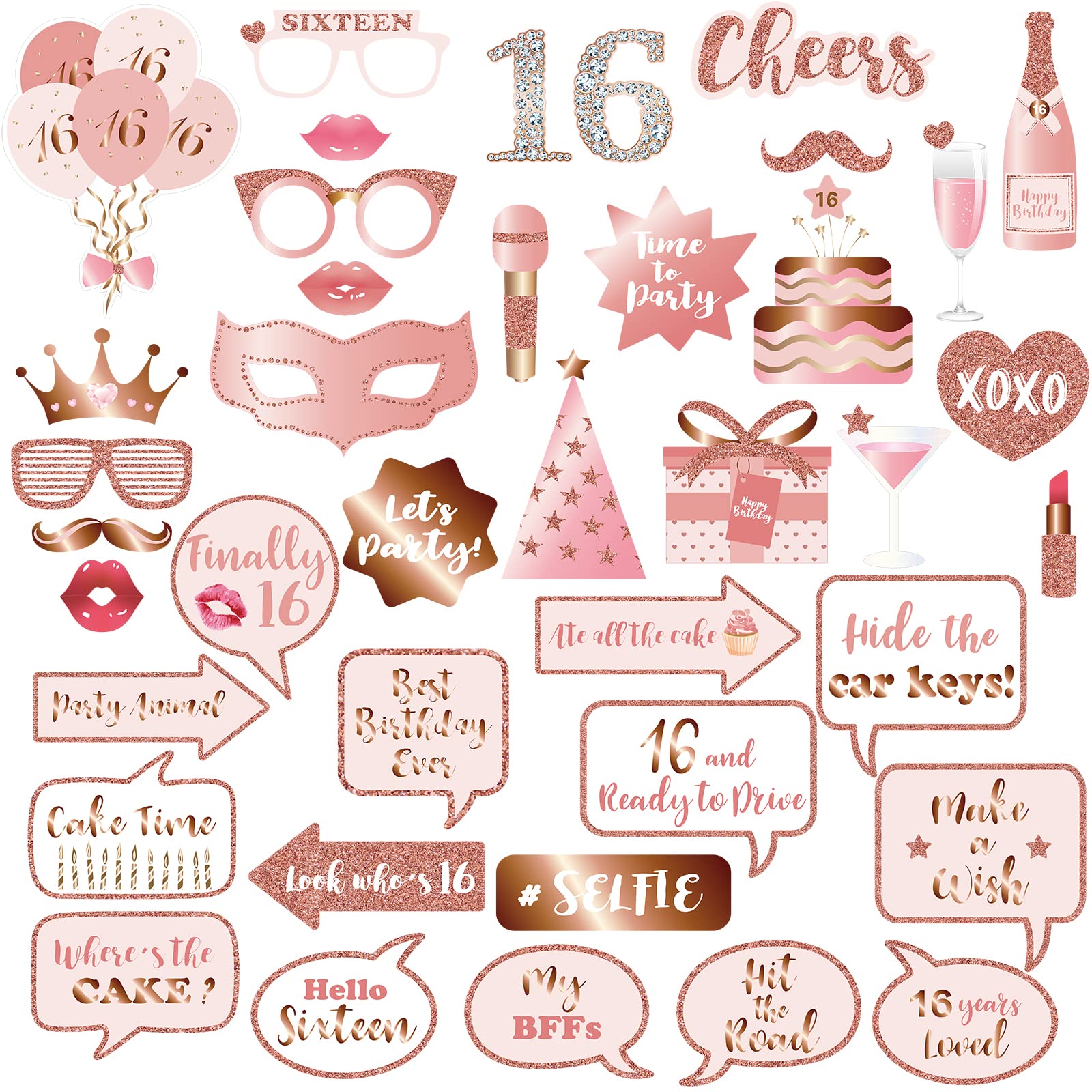 16Th Birthday Party Photo Booth Props And Signs, Rose Gold 16 Birthday Party Selfie Props Kit With Sticks For Girls Women, Sweet