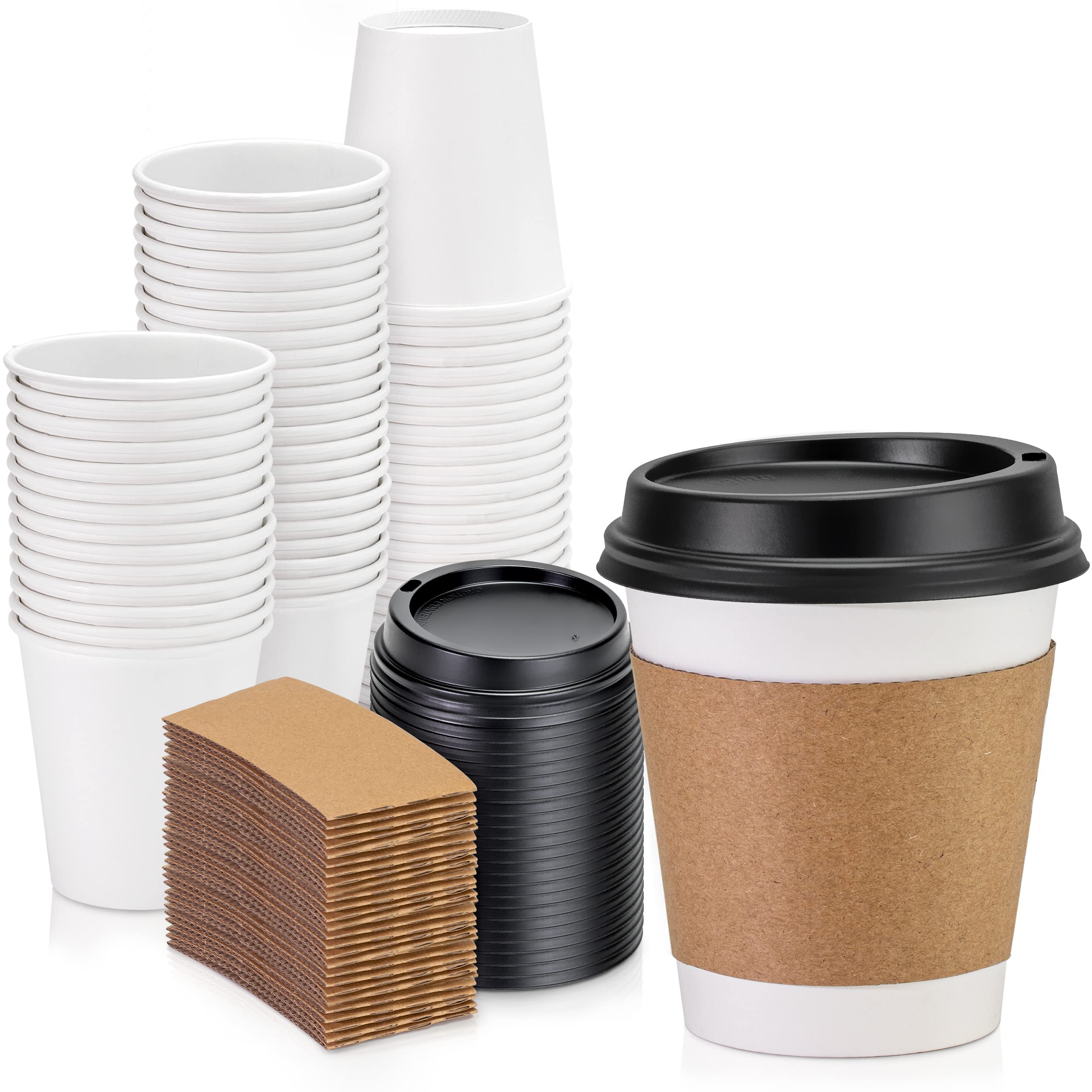 Fit Meal Prep [100 Pack 10 Oz Coffee Cups With Lids And Kraft Sleeves, Premium Disposable Paper Coffee Cups, Durable Thickened T