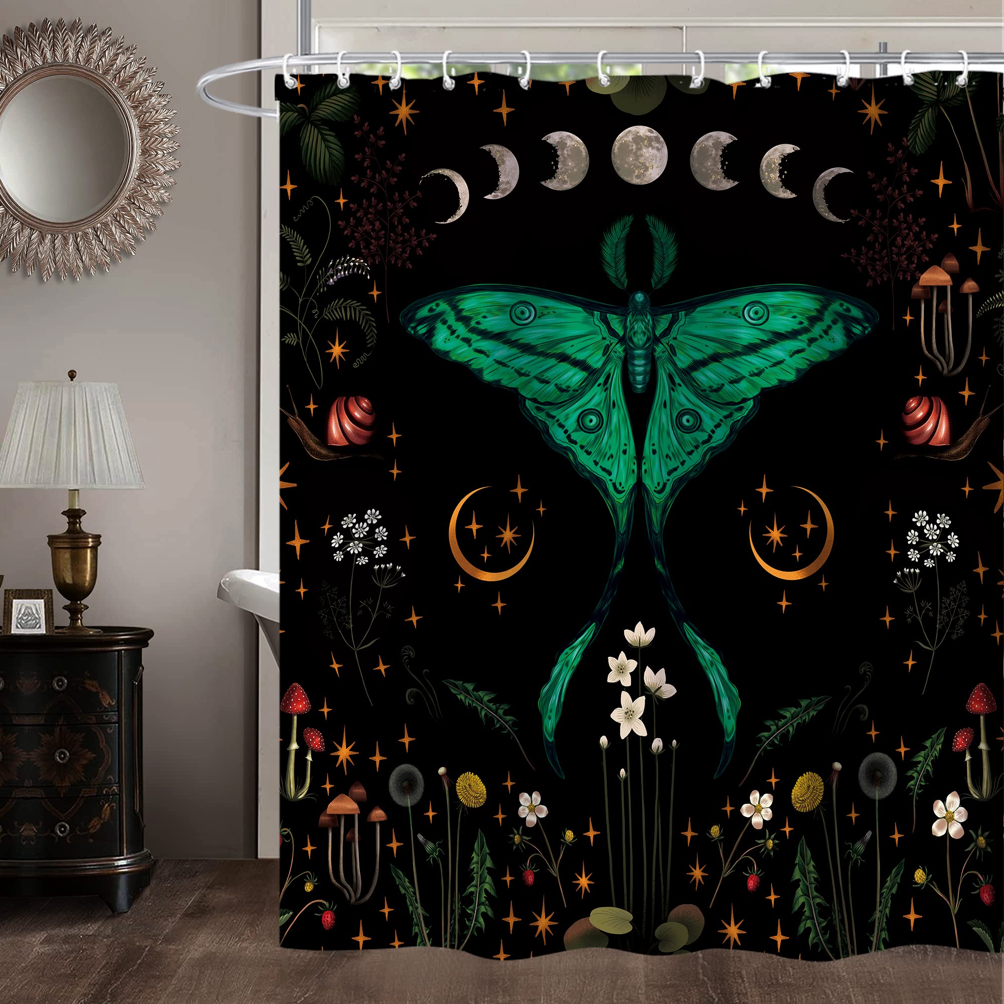 Miyotaa Moth Butterfly Shower Curtain Set 71Wx71H Inches Witchy Gothic Night Moonlit Moon Phase Floral Vintage Botanical Mushroo