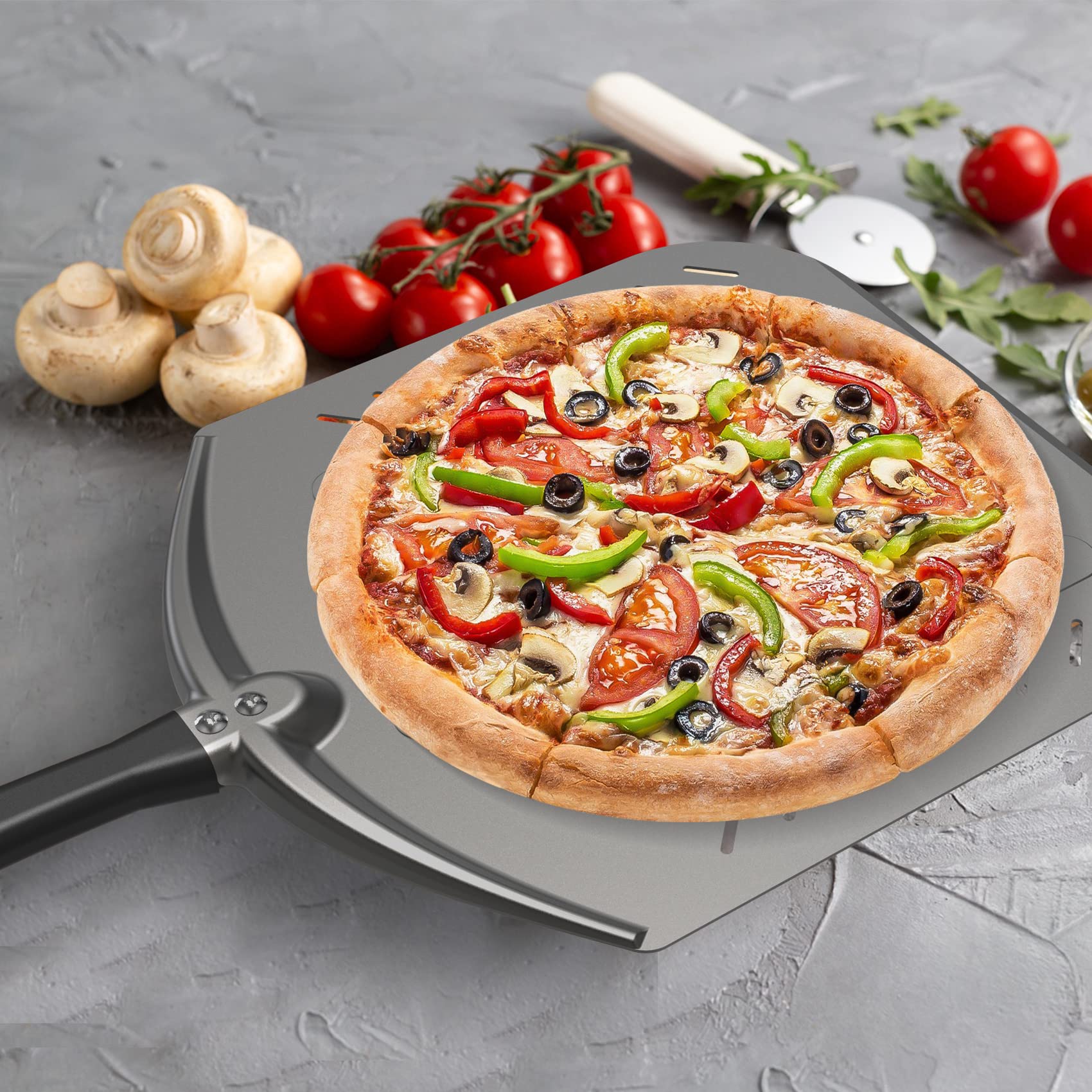 Q Pizza Aluminium Pizza Peel For 13'' Pizza, 12 X 14 Inch Perforated Metal Pizza Turning Paddle For Grill Oven - Non-Stick Pizza