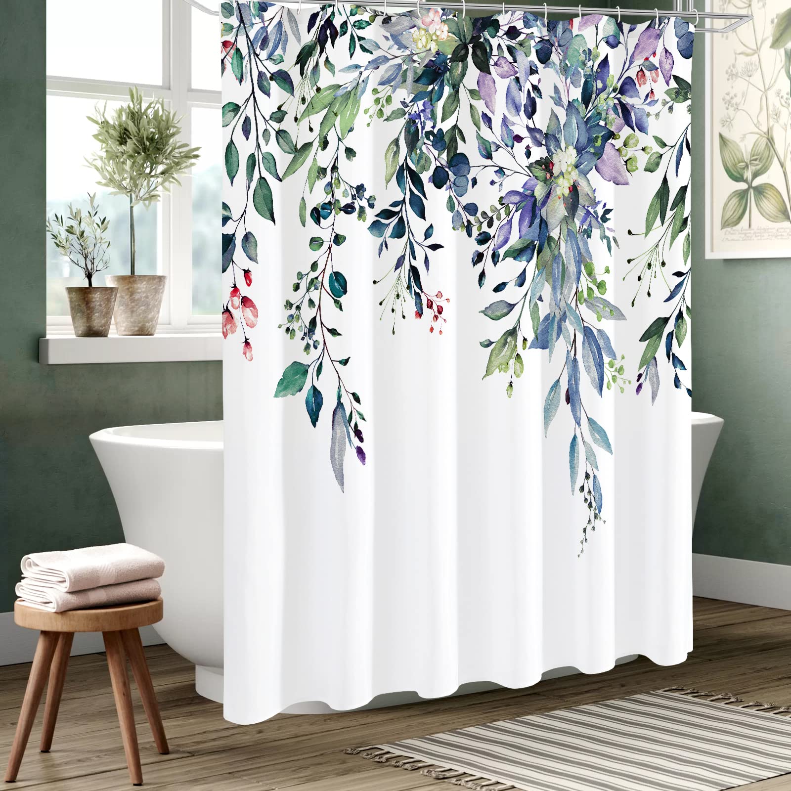 Gibelle Spring Floral Shower Curtain For Bathroom, Watercolor Green Eucalyptus Leaves Plant Shower Curtain Set With Hooks, Washa