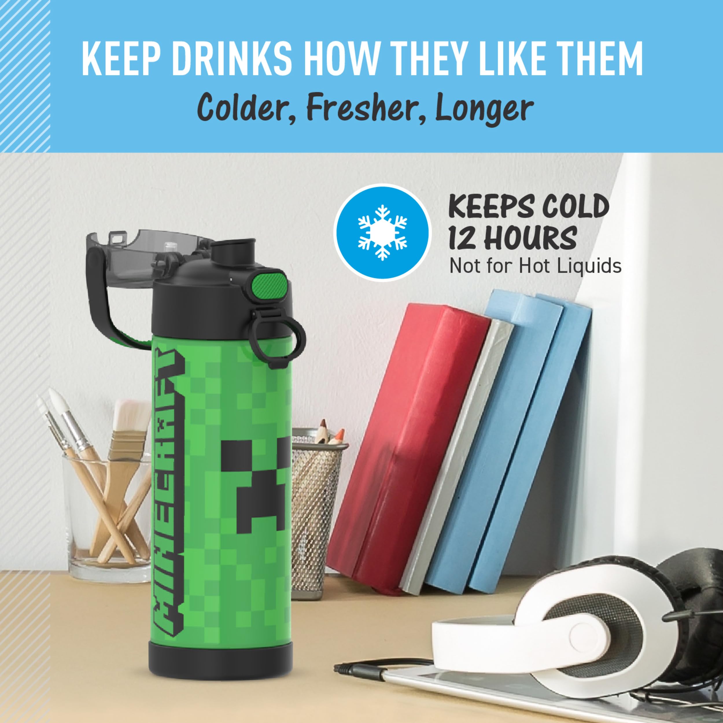 Thermos Funtainer 16 Ounce Stainless Steel Vacuum Insulated Bottle With Wide Spout Lid, Minecraft