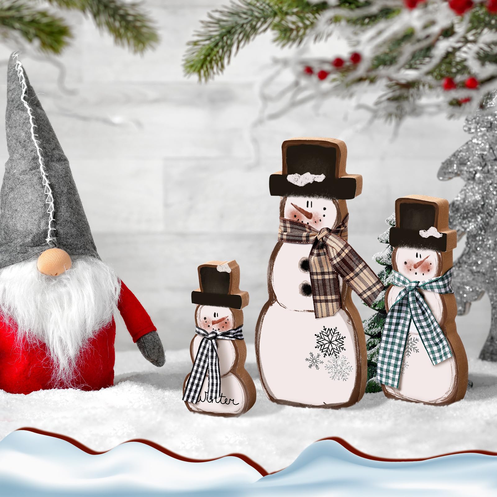 Suzile 3 Pcs Christmas Snowman Table Decorations Winter Wooden Snowman Centerpiece Block Signs Tiered Tray Desktop Figurine for