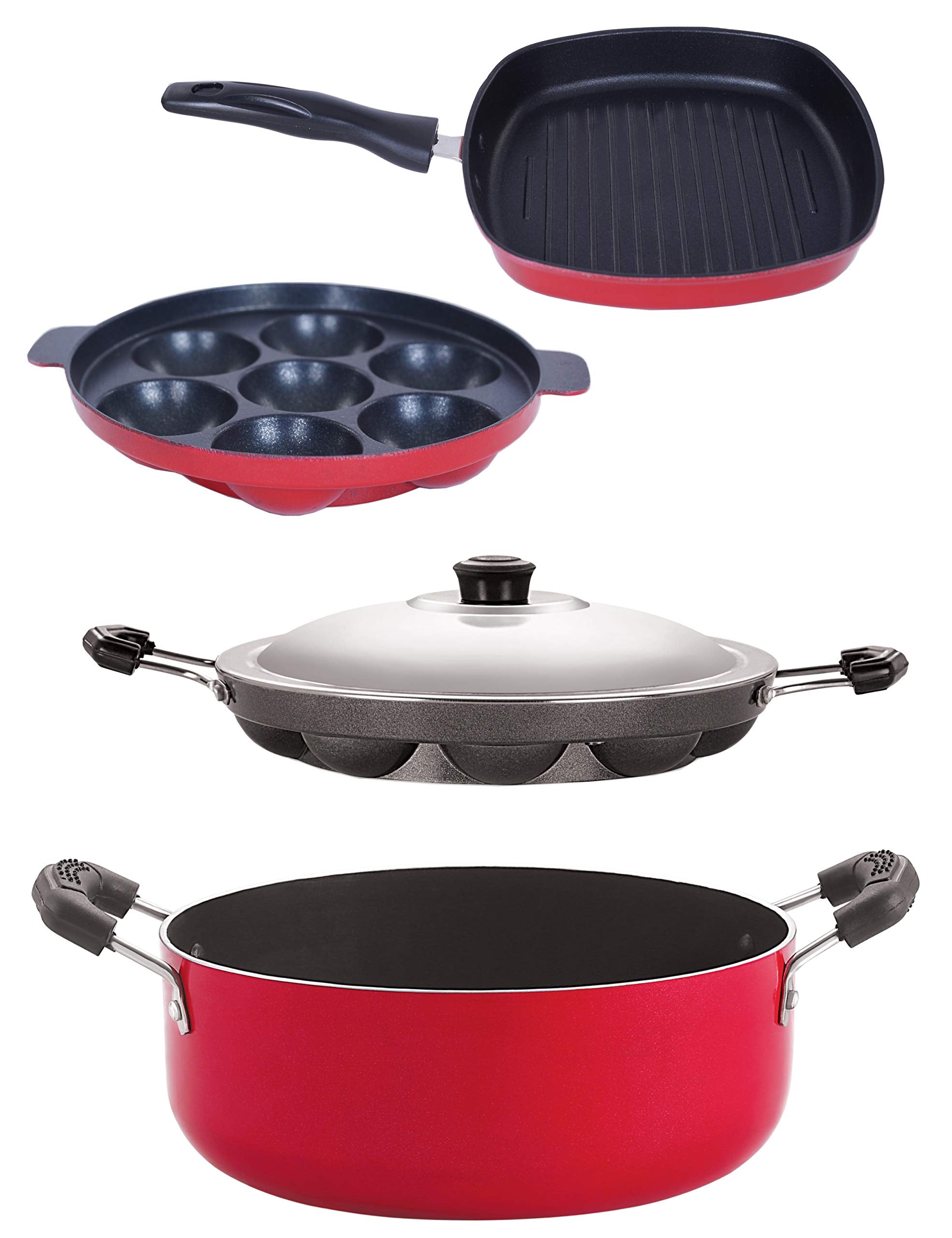 Nirlon NonStick Appam Appam Grill Pan Casserole Aluminium Cookware Set, 5Pieces, Red/Black(Ap7_Ap12_Gp22.5_Cs24)