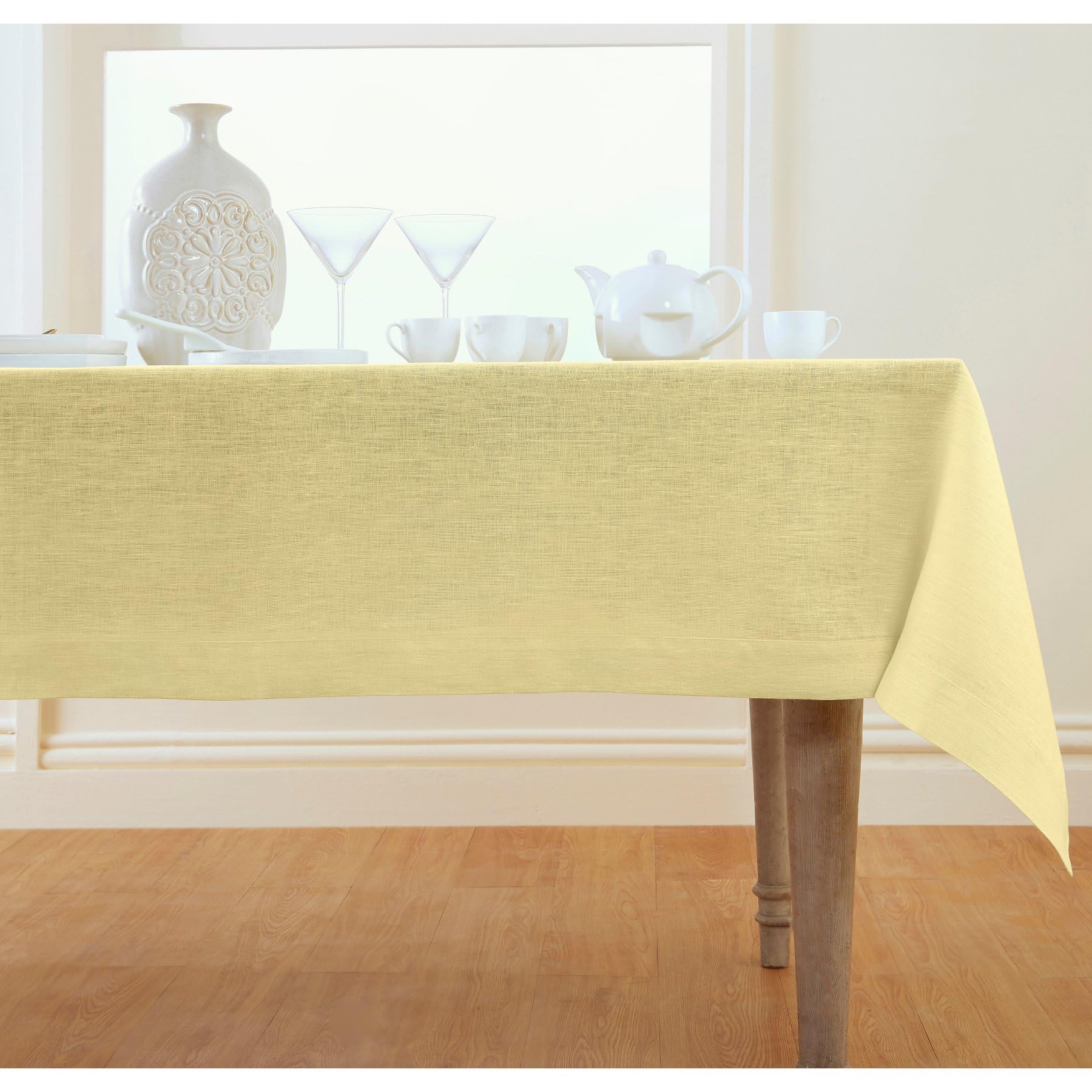 Solino Home Linen Tablecloth 120'' L X 60'' W Inch - 100% Pure Linen Chambray Yellow Table Cloth For Rectangle Tables - Athena,