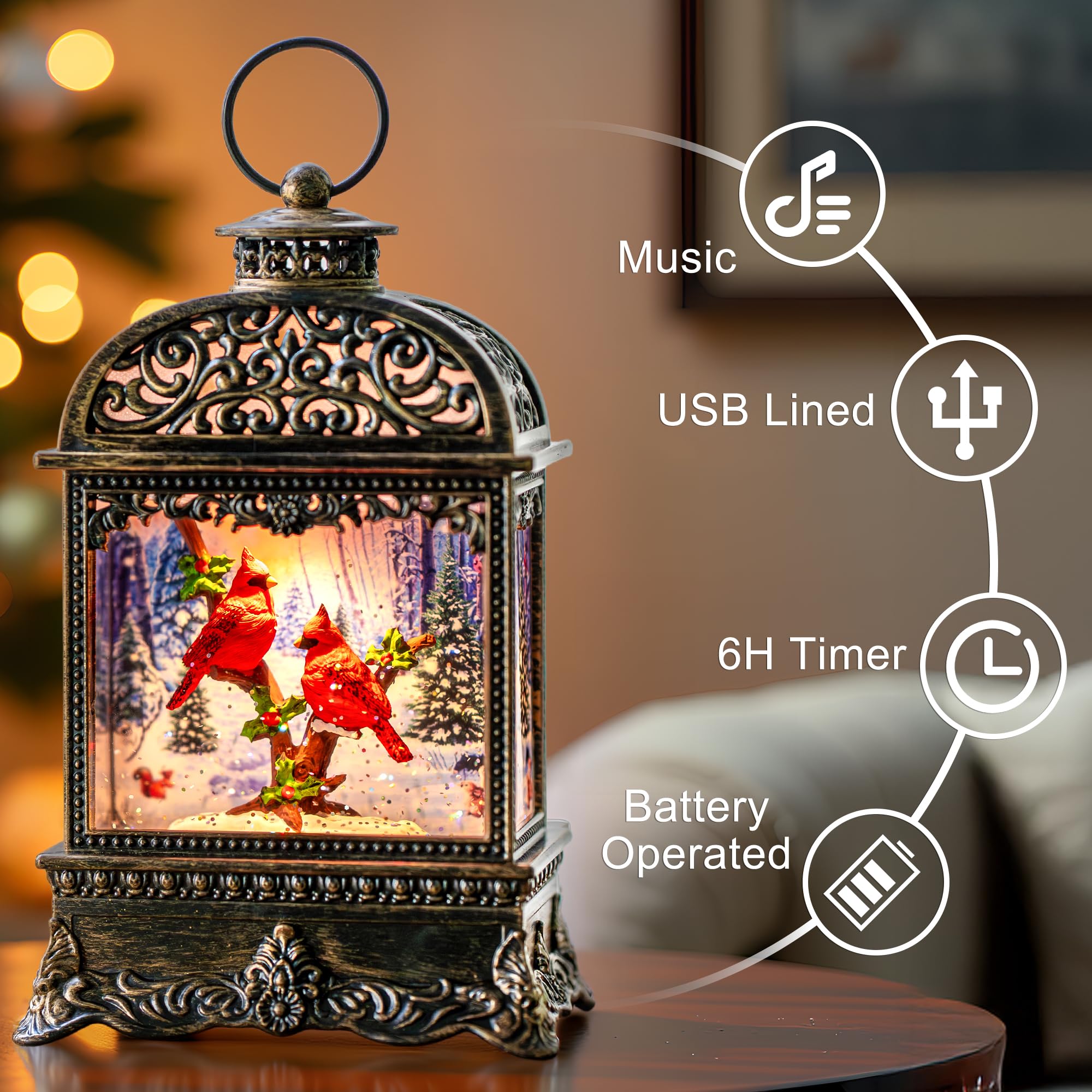 Christmas Snow Globe Water Lantern with Cardinal Scene Battery Operated or USB Powered Musical Lighted Holiday Decoration for Ta