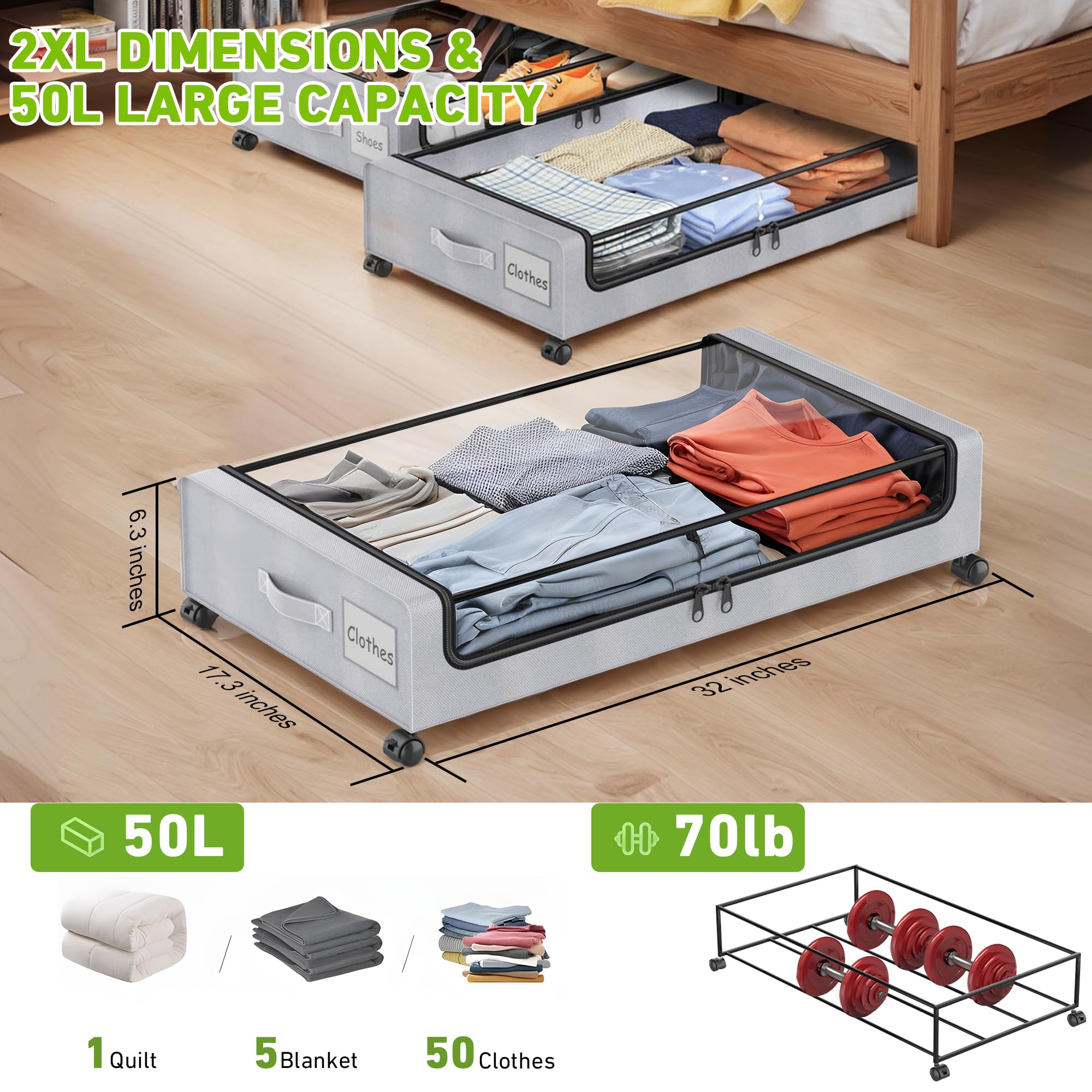 YAASHEEN Under Bed Storage with Wheels, 2Pack Under Bed Storage Containers,Under Bed Shoe Storage Organizer with Clear Window&La