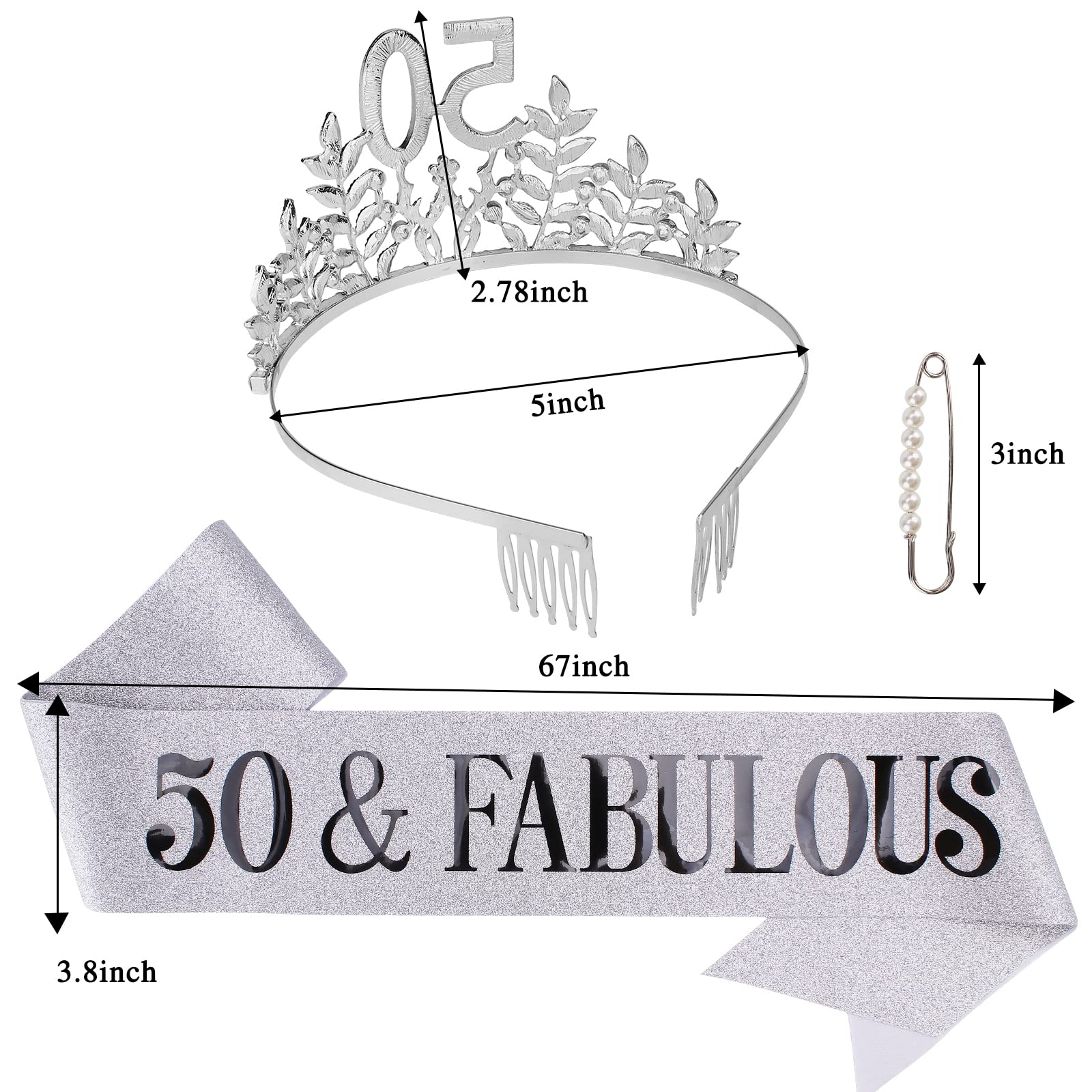 '50 & Fabulous '' Birthday Tiara And Sash Kit- 50Th Birthday Gifts For Women 50Th Birthday Party Supplies (Silver)