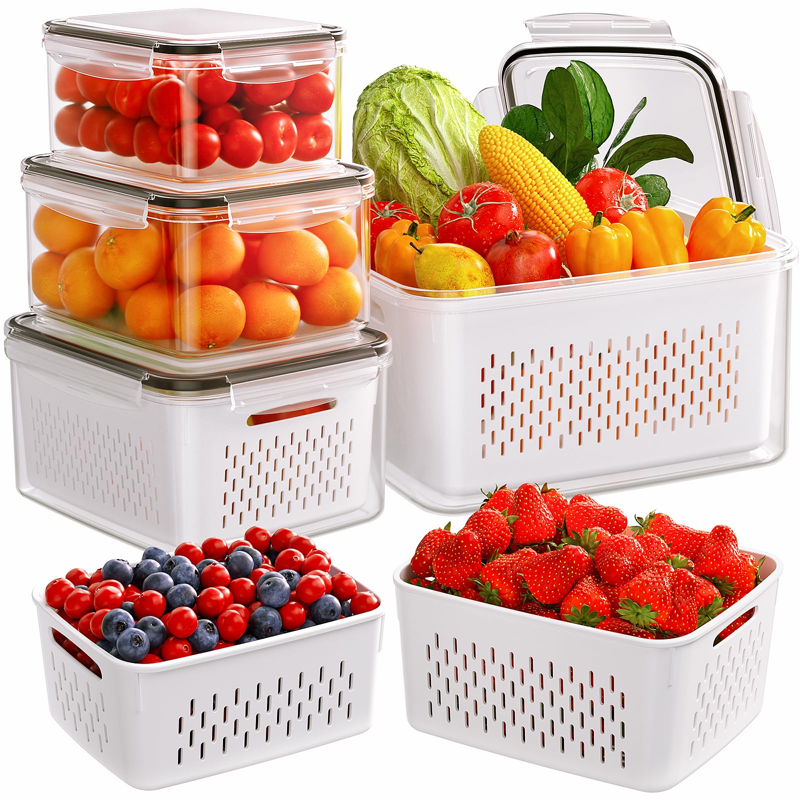 5-Pack Fruit Storage Containers For Fridge With Removable Colanders, 4 In 1 Produce Storage Containers With Lids, Leakproof Frid