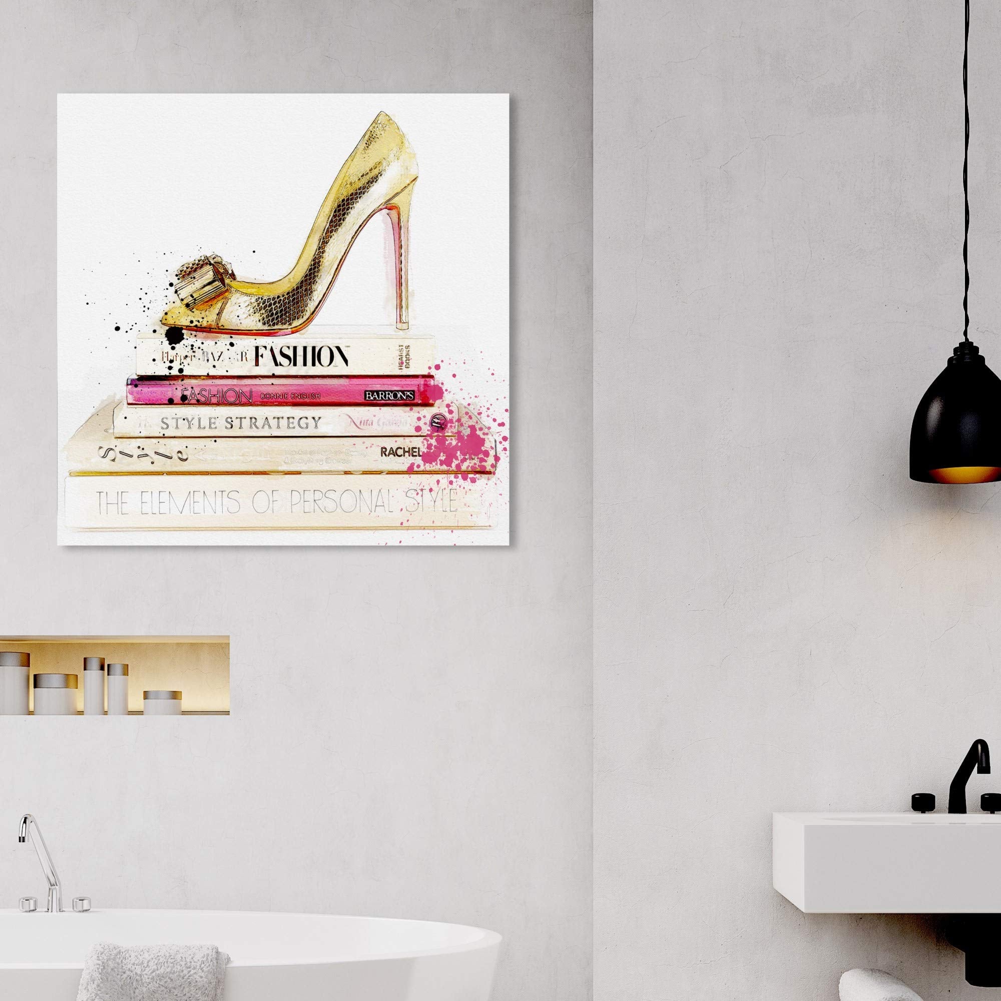 Gold Shoe And Fashion Books By Oliver Gal | Contemporary Premium Canvas Art Print. The Fashion Wall Art Decor Collection. 16X16